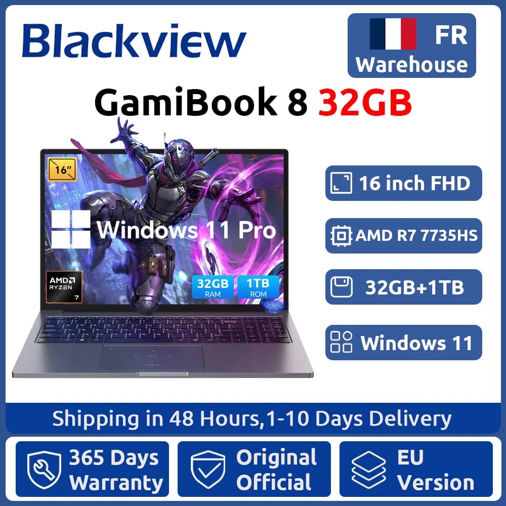 Blackview ‎GamiBook 8 AMD R7 7735HS 16" 5000MAH Laptop 16GB LPDDR5 RAM 512GB ROM Windows 11Pro BT5.2 Wifi 6 Backlit Keyboad