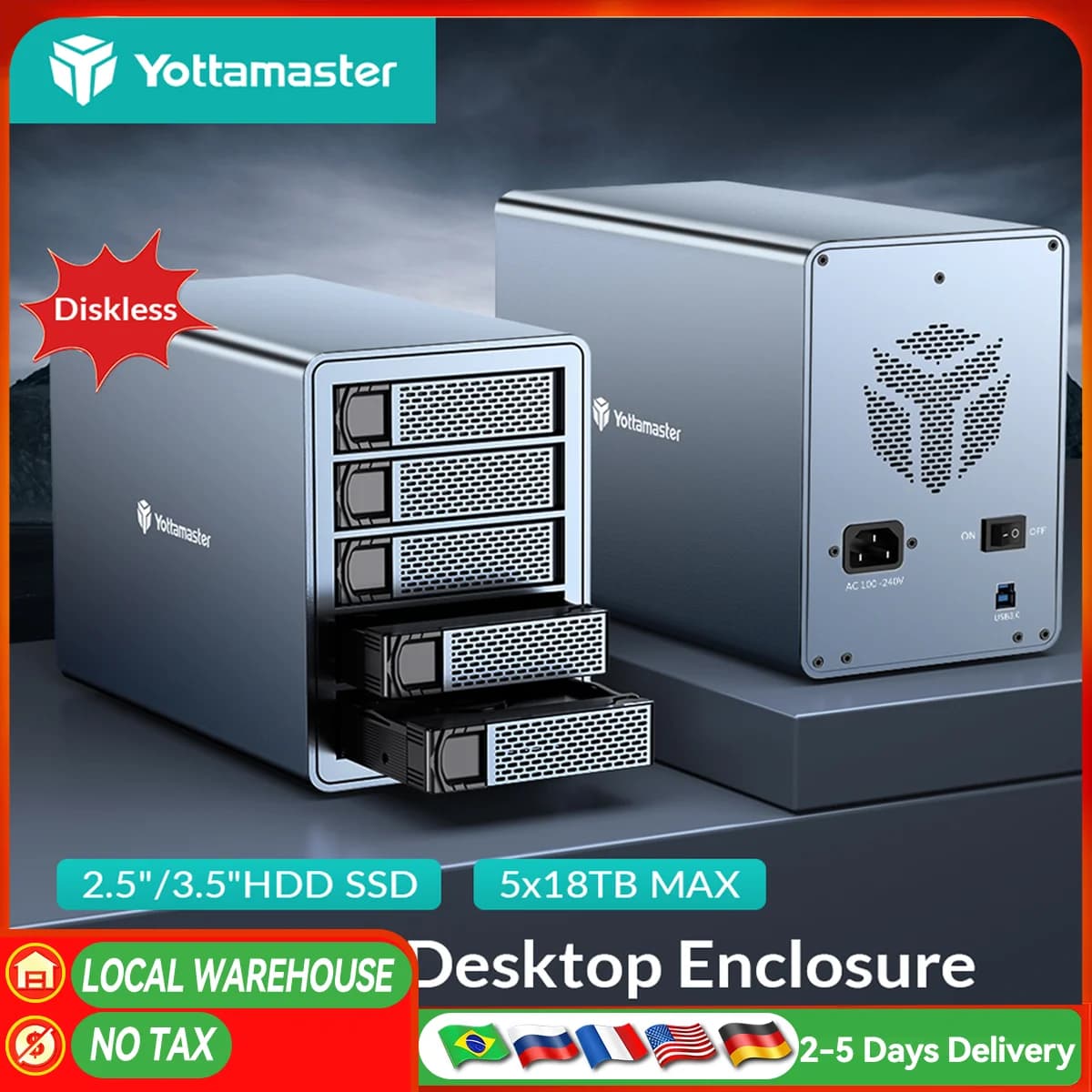 Yottamaster 5 Bay 4 Bay RAID External Hard Drive Enclosure 2.5"3.5" SATA HDD SSD Enclosure RAID Mode Hard Drive Storage For Game