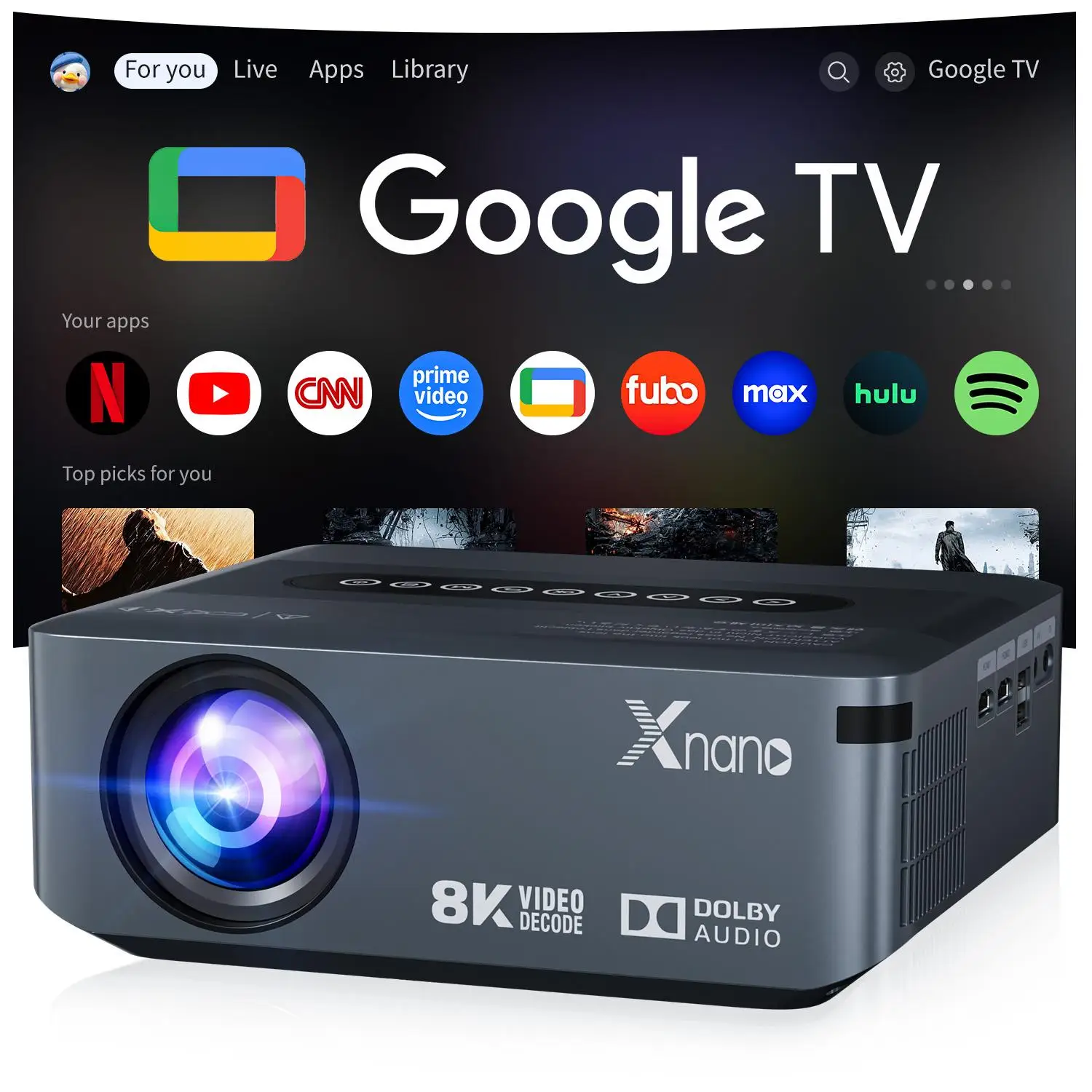 Xnano X1 Smart Projector Native 1080P 350ANSI 8K Decode Android 9.0 Dual Band WiFi6 BT5.0 4-Point Keystone Dolby Audio Voice Control Portable Home Cinema Video Beamer