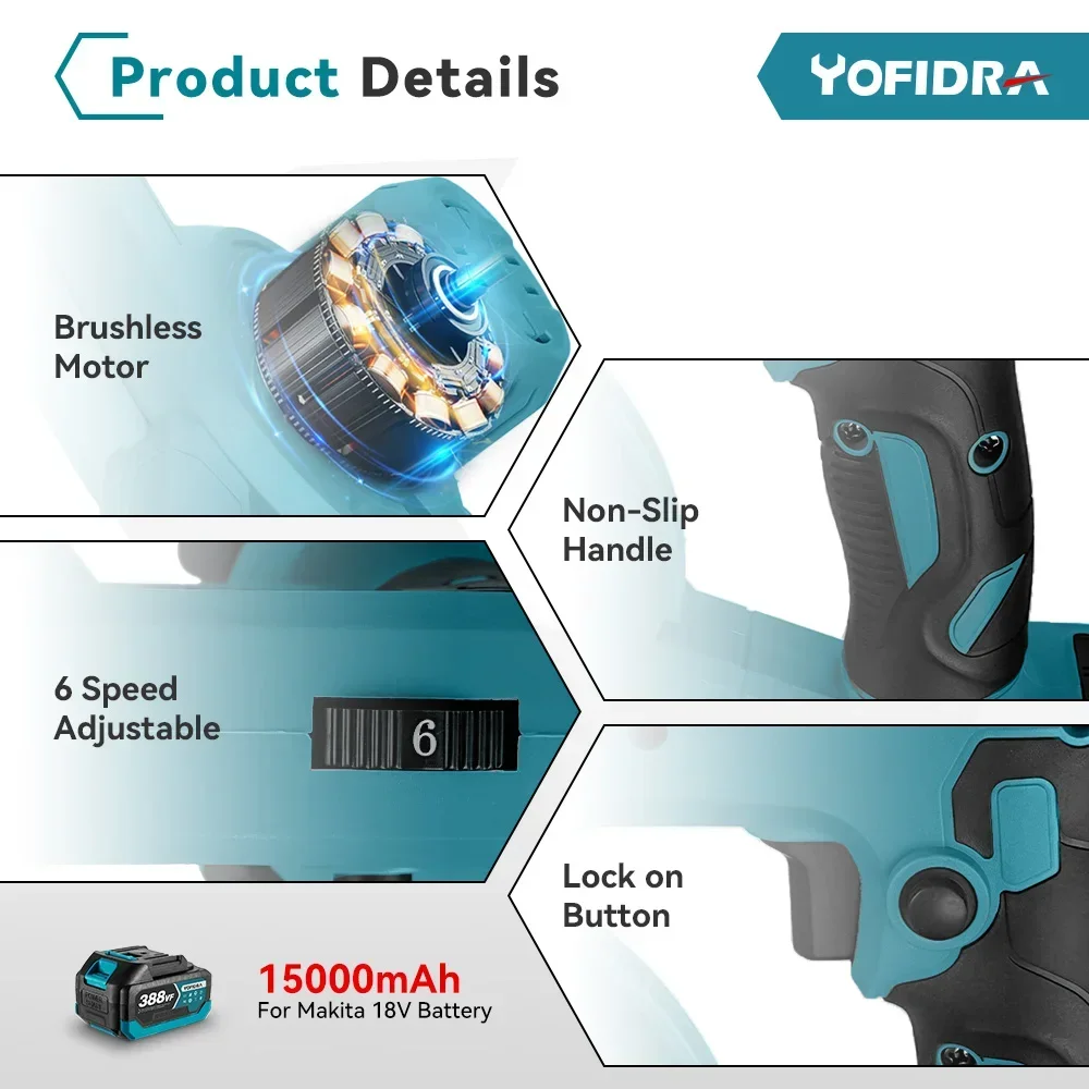 Yofidra Brushless Electric Blower 6 Gears Cordless Leaf Snow Dust Blowing Cleaning Power Tool For Makita 18V Battery Pin
