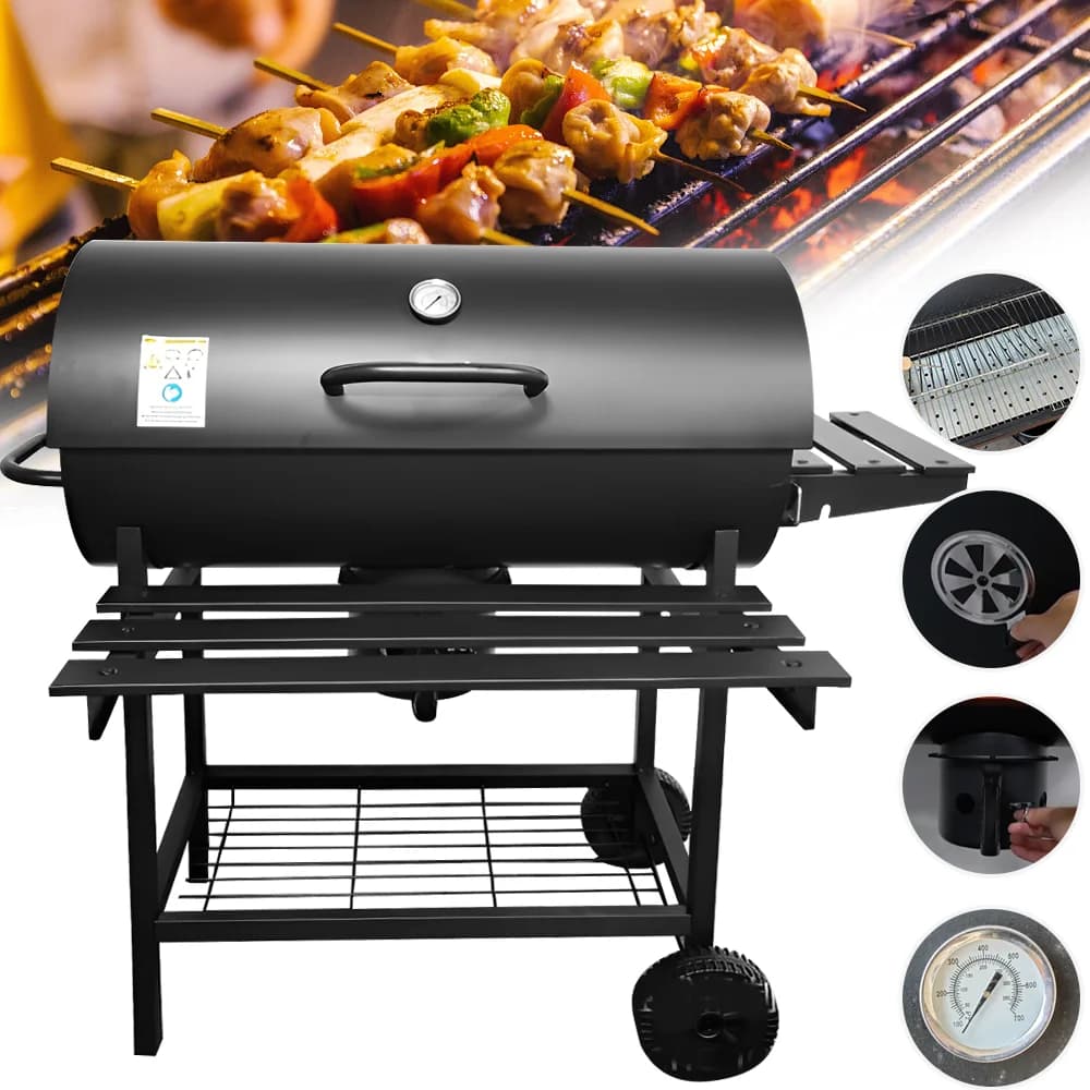 BBQ Grill with Thermometer Barbecue Stove wheels Grill Cart Camping,Garden Grill with Lid Picnic Multi-function Barbecue Stove