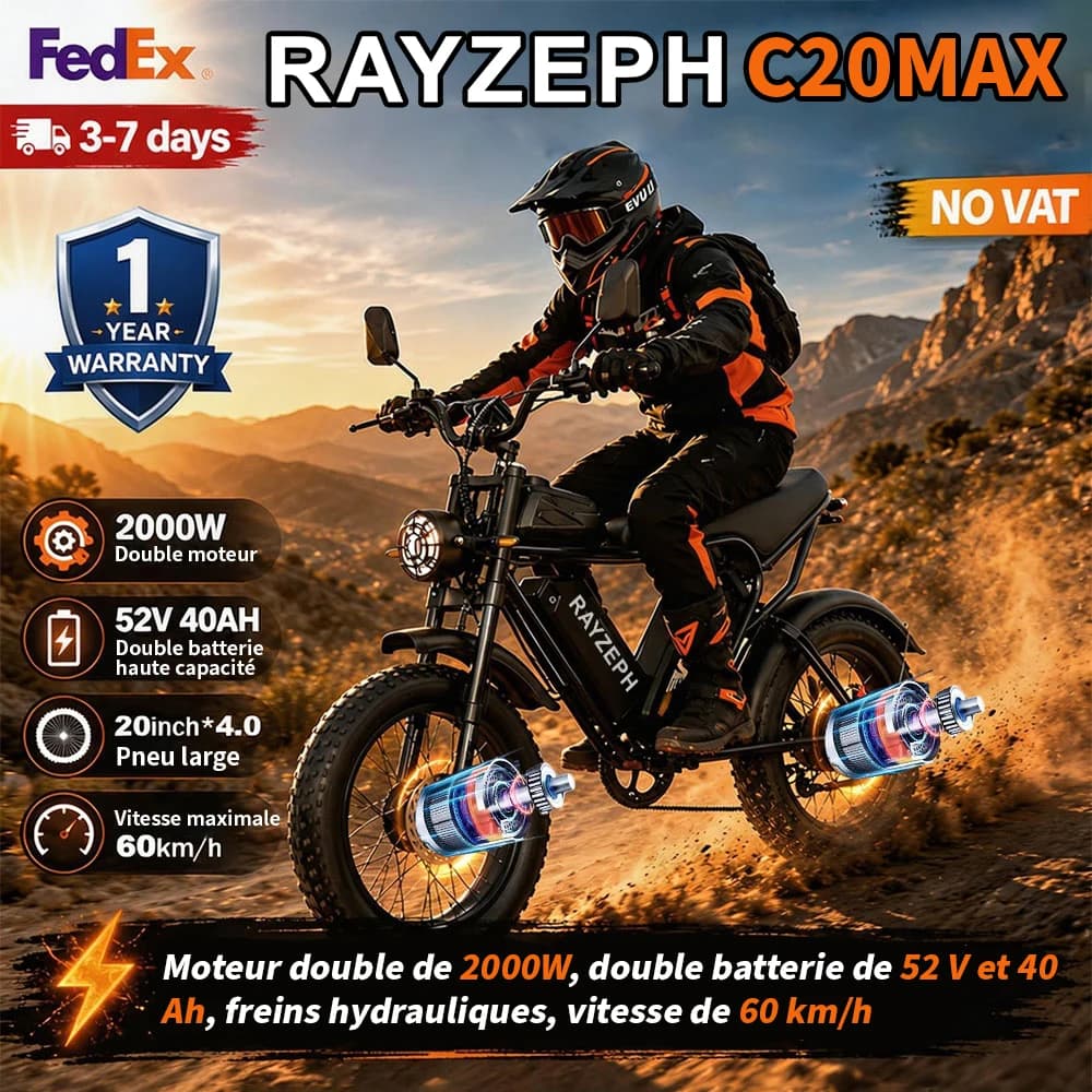 RAYZEPH C20MAX/C20LITE Mountain EBike 2000W Dual Motor 20-Inch Fat Tires Electric bicycle 52V 40Ah Dual Battery Hydraulic Brakes Electric Bike for Adults