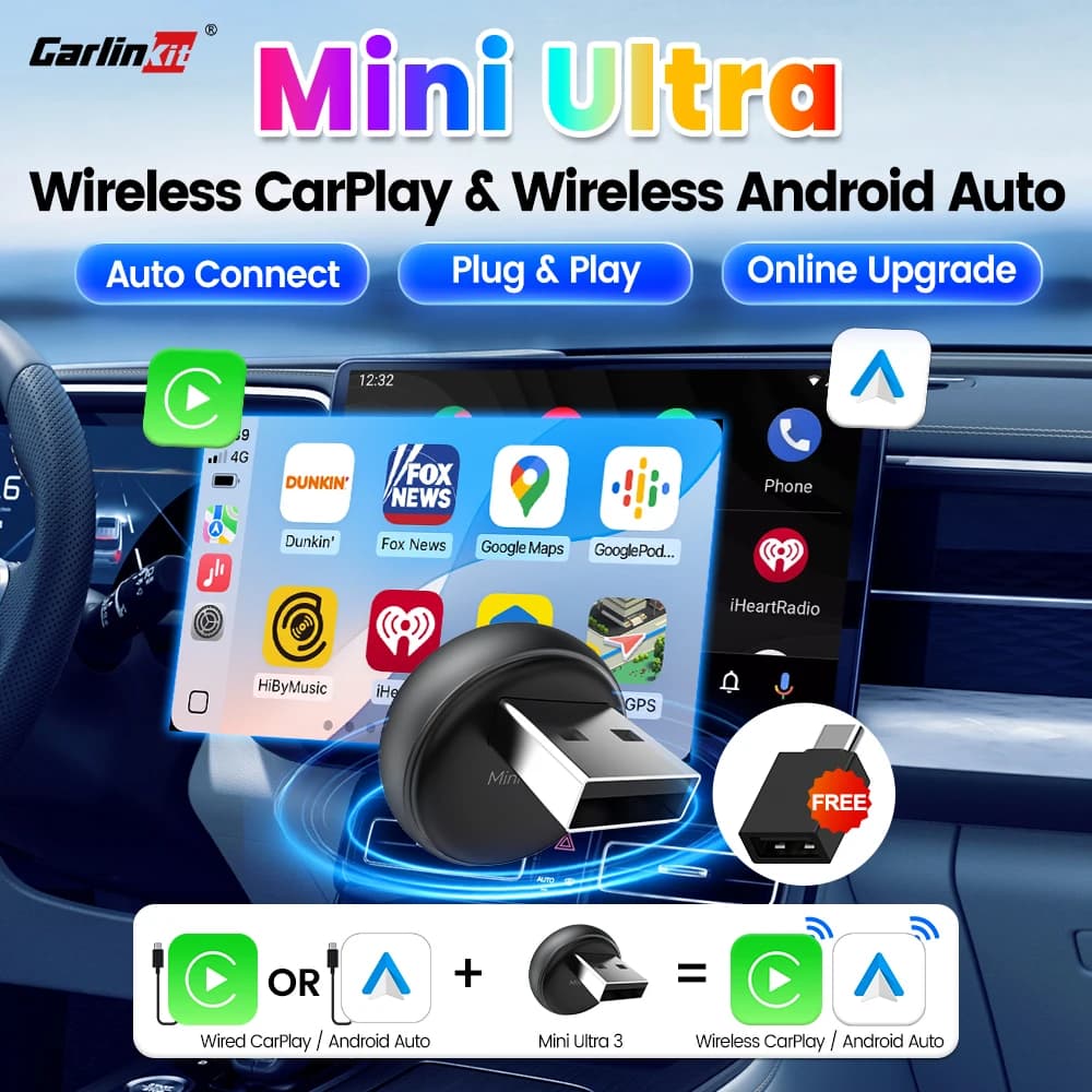 2026 CarlinKit 5.0 Mini Ultra 3 CarPlay Android Auto Wireless Adapter 2.4G&5.8GHz WiFi BLE OTA Upgrade For OEM Car Plug and Play