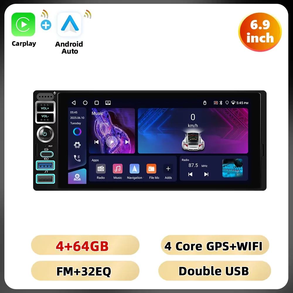 Podofo 6.9'' Touch Screen Car Radio 4+64G 1Din Multimedia Player Carplay Android Auto EQ WIFI GPS Mirror Link FM/RDS Car Audio