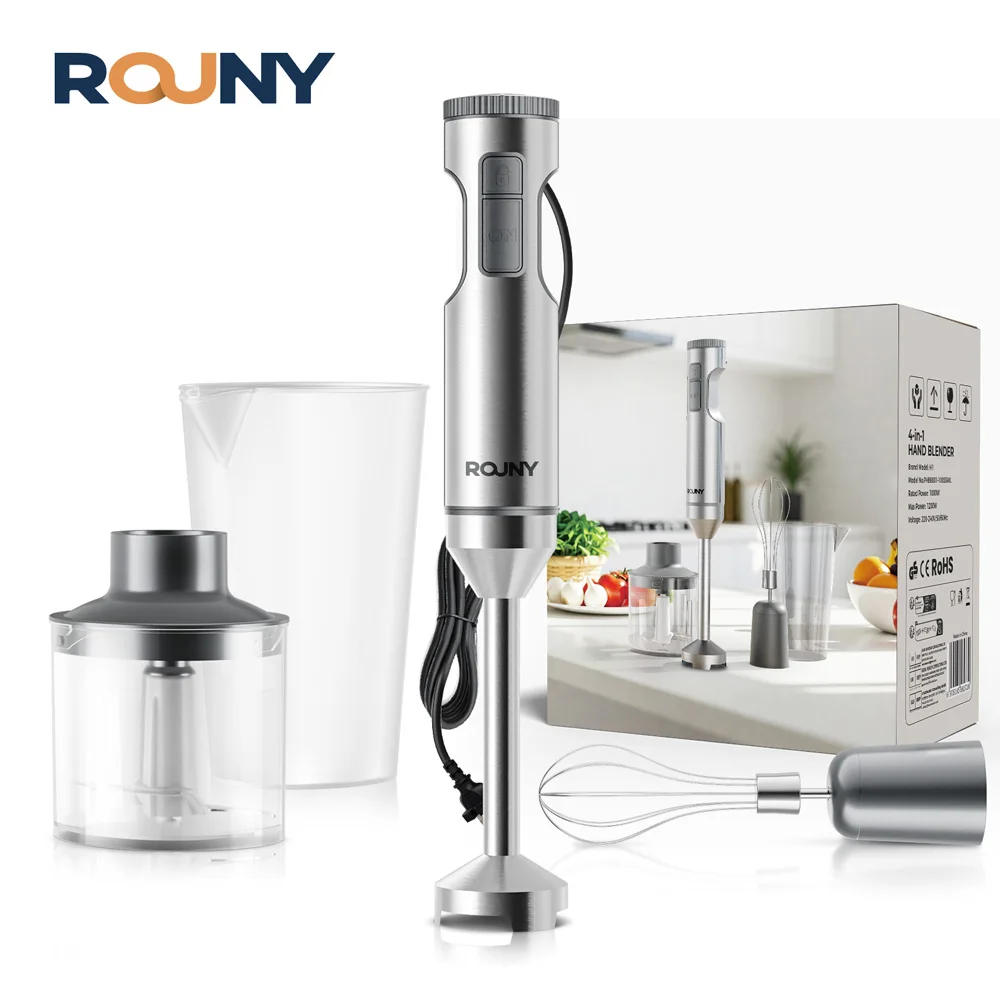 ROUNY Powerful Immersion Blender,4-in-1 Stainless Steel Stick Baby Food Mixer,700ml Mixing Beaker,500ml Processor,Whisk, MAX 1200W