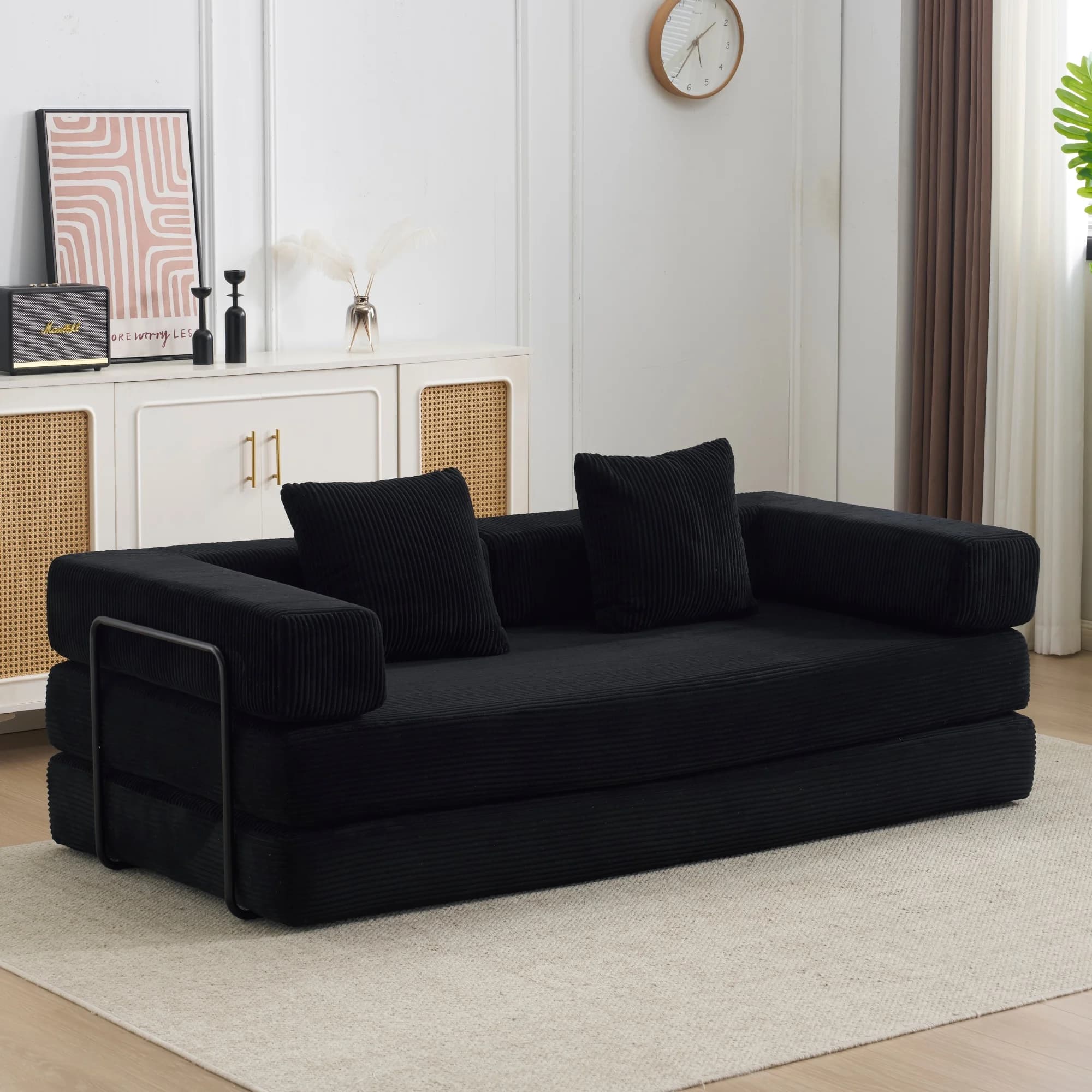Black Convertible Corduroy Floor Sofa Bed,Free Combination Modular Lazy Sofa, No Assembly Compression Sofa For Living Room, Apartment Guest Sleep
