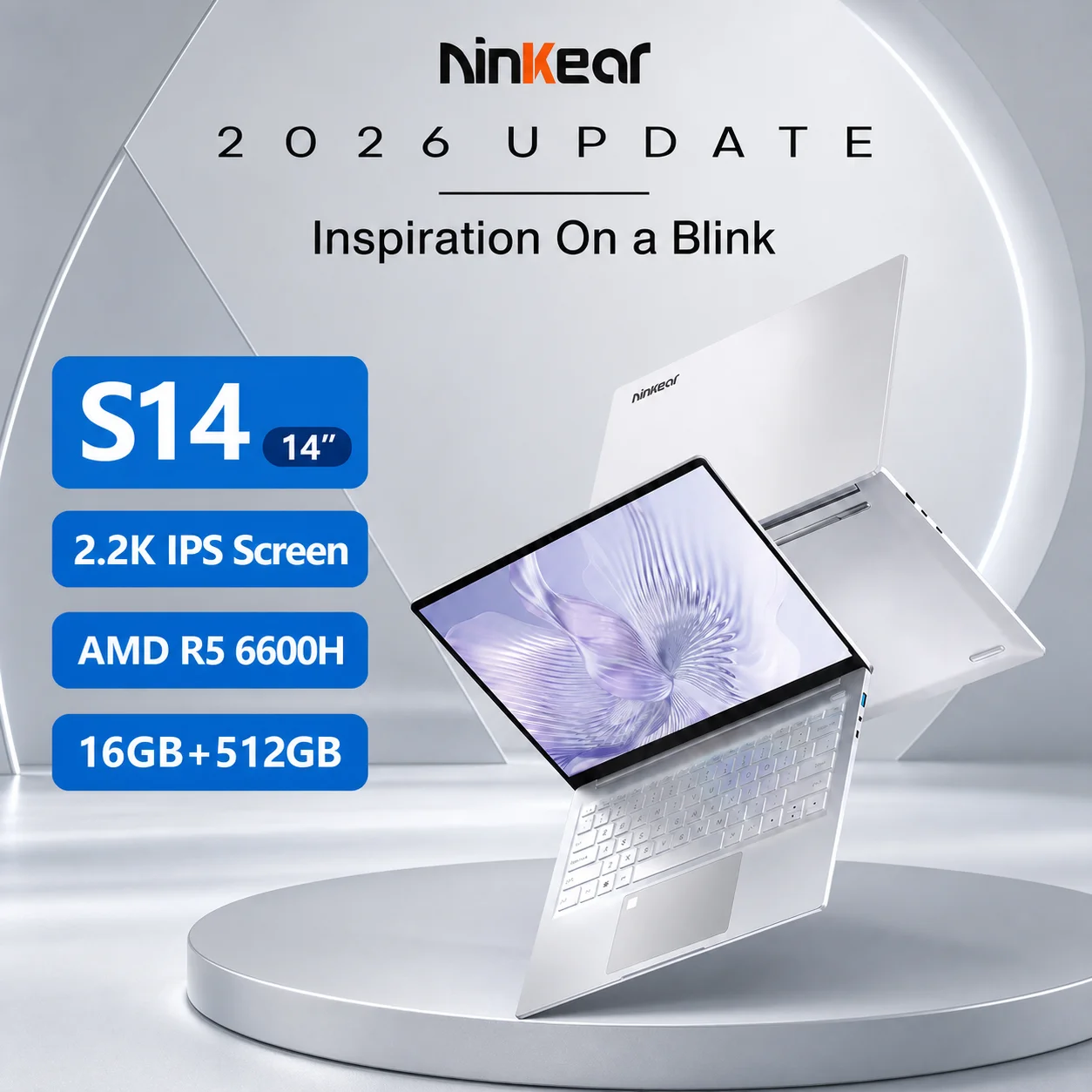 Ninkear S14 Laptop 14 Inch 2.2K 100% sRGB, AMD Ryzen 5 7535HS 6-Core, 16GB DDR4 RAM, 1TB SSD, WiFi 6, Bluetooth 5.3, 60Wh Battery, 65W Type-C Charging, Backlit Keyboard