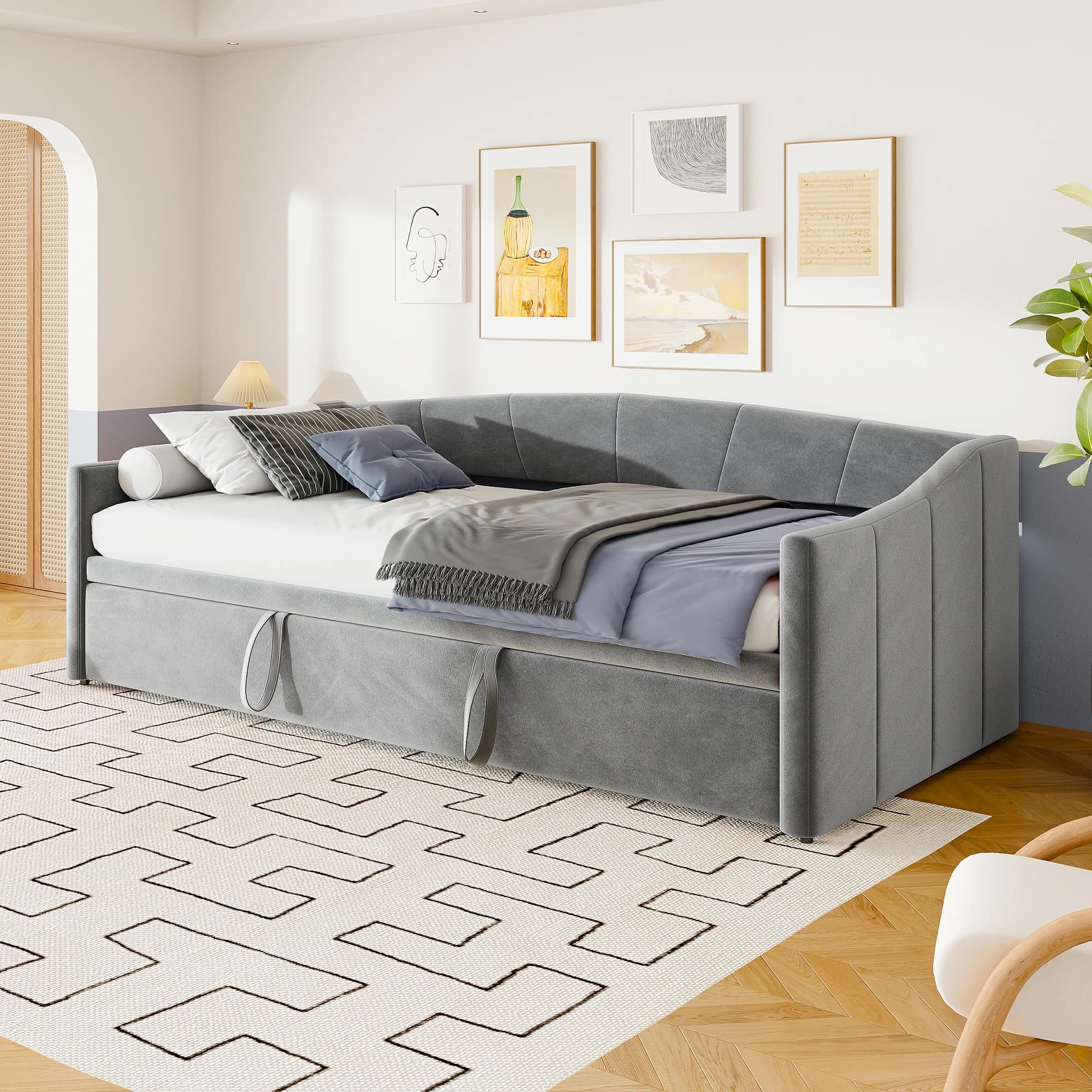 Rosahqnda Upholstered sofa Bed 90/180x200cm Daybed Sofa Bed,Upholstered Bed With Slatted Frames,for adults and youth,Velvet Fabric,Beige/Grey,Without Mattress