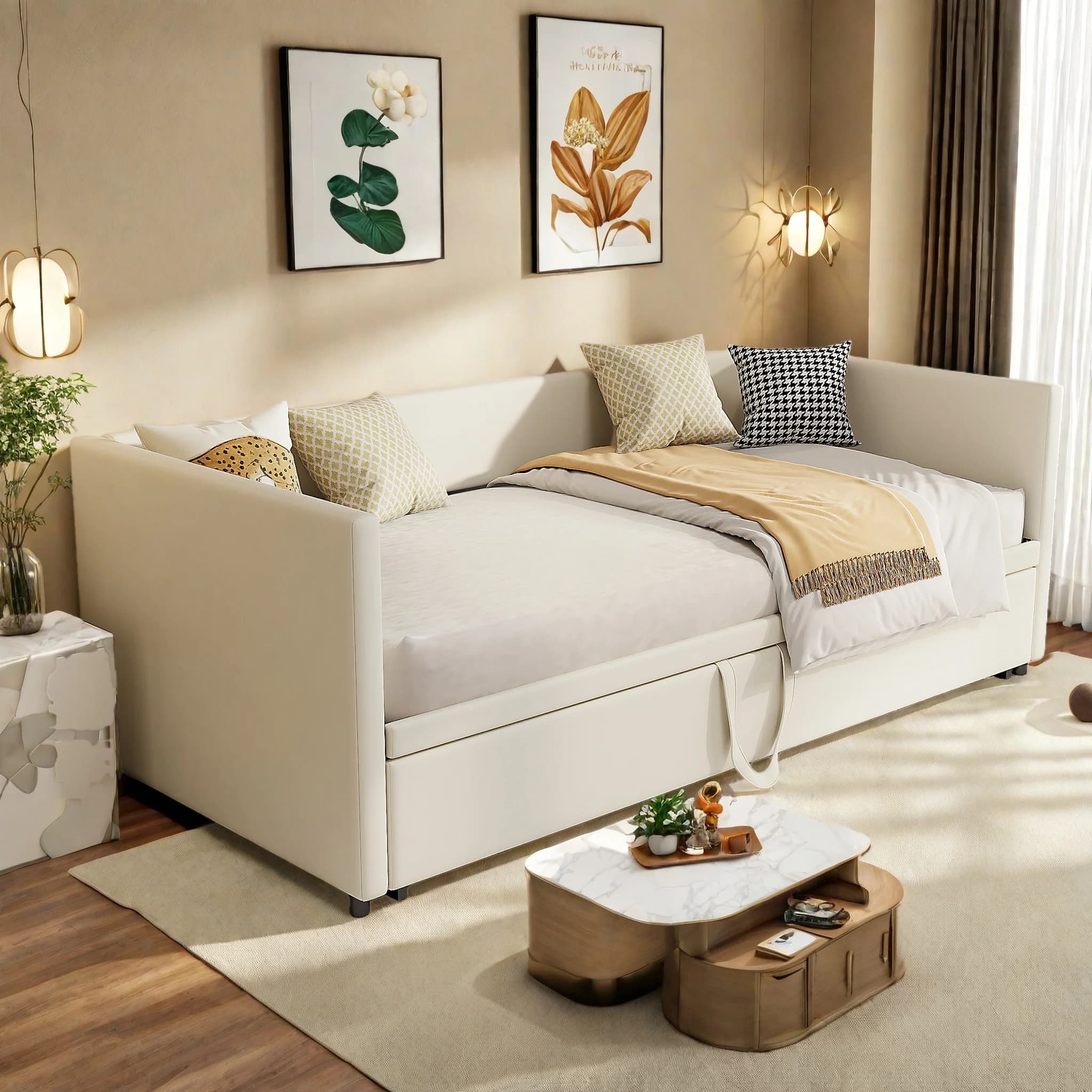 Anajqaqia Extendable Sofa Bed, Multifunctional Bed, Upholstered Bed with Slatted Frame, Velvet Fabric, Beige, 90/180x200cm