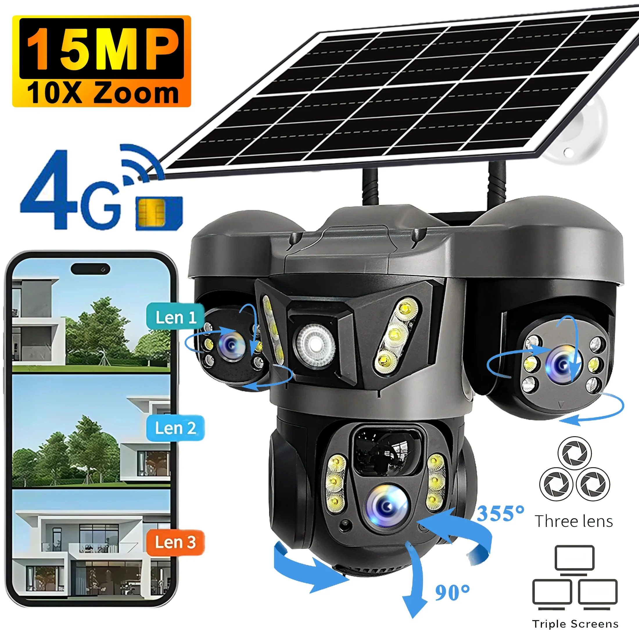 V380 Pro 15MP Solar Camera Three Lens Audio Outdoor IP66 Waterproof Built-in Battery Security CCTV HD 4G SIM Card Network Camera PIR Human Detection, Alarm Notification, Motion Detection, Email Alert, Video Playback, Remote View, Push Notification