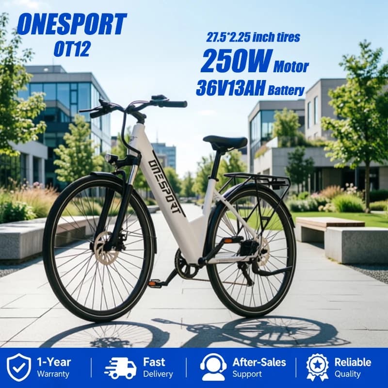 ONESPORT OT12 Adult E Bike,250W Motor,36V13AH Battery,27.5*2.25 Inch Tires,LCD Color Display,25km/h Max Speed,Front&Rear Disc Brakes,Front Hydraulic Suspension Fork,7-Speed,IPX4 Waterproof,Auto-activated Tail Light&LED Headlight for City Family Commuting