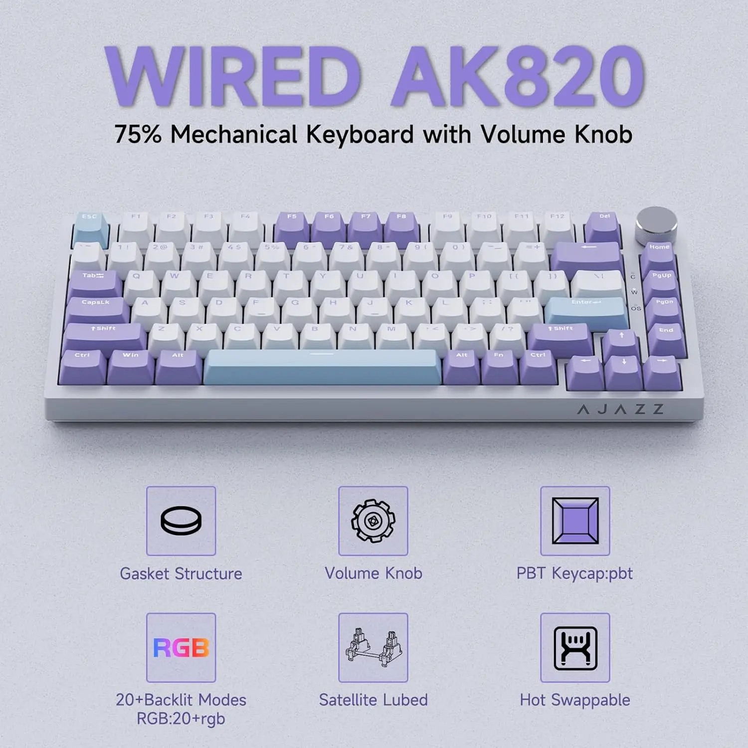 AJAZZ AK820 Wired Mechanical Keyboard, CNC Metal Control Knob, 81‑Keys Gasket Mount Structure, Full‑Key Hot‑Swappable, Backlit Design, for Gaming Office, Compatible with PC & Mac