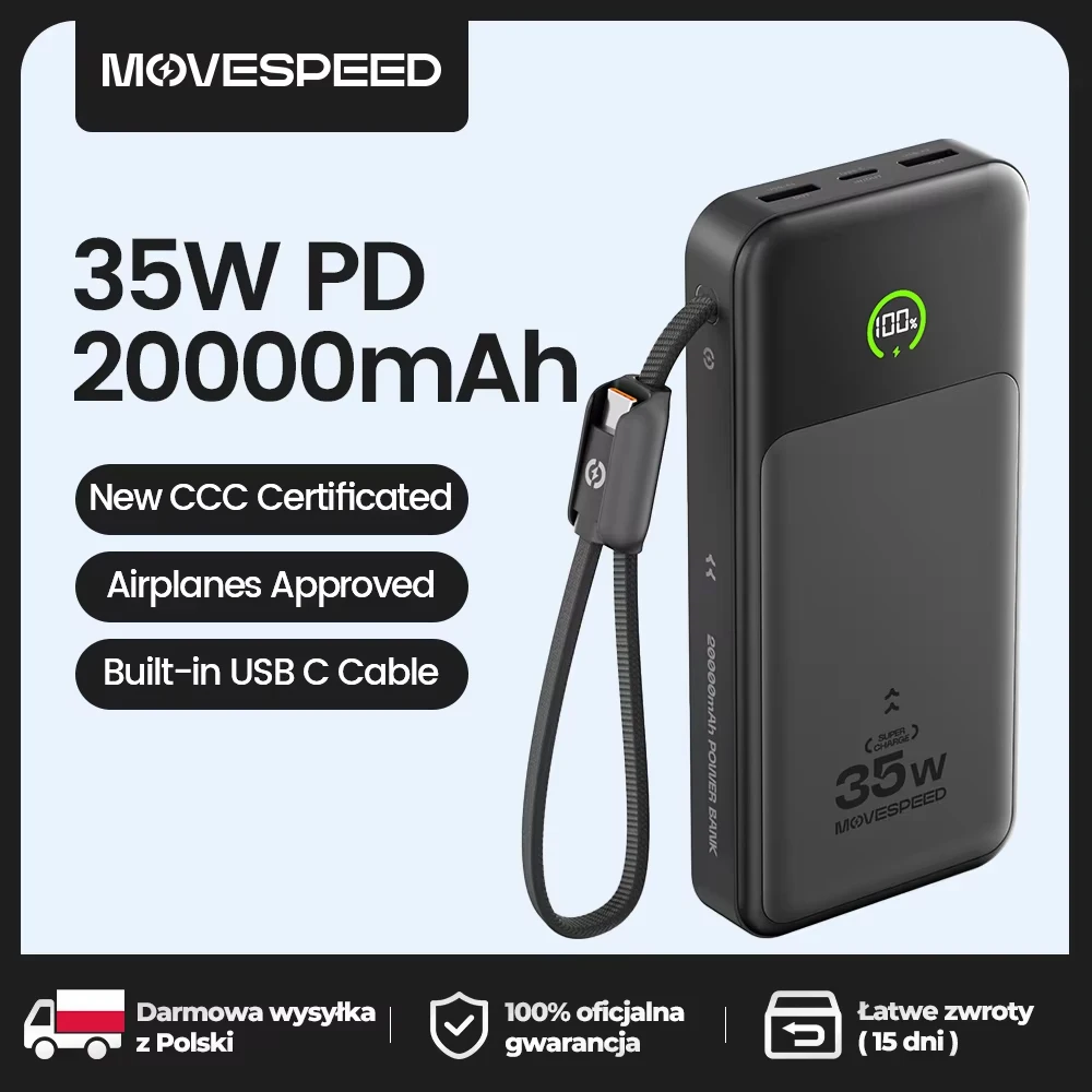 【CCC】MOVESPEED P20 Power Bank 20000mAh 35W PD Fast Charging Powerbank LFP Battery External Charger for iPhone Xiaomi Samsung