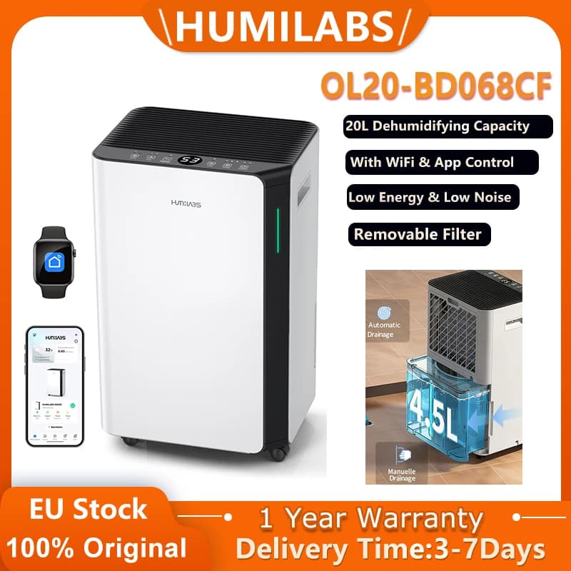 HUMILABS OL20-BD068CF Portable Dehumidifier, 20L Dehumidifier Capacity, Removable Filter, 4.5L Tank & Drain Hose, 3 Modes