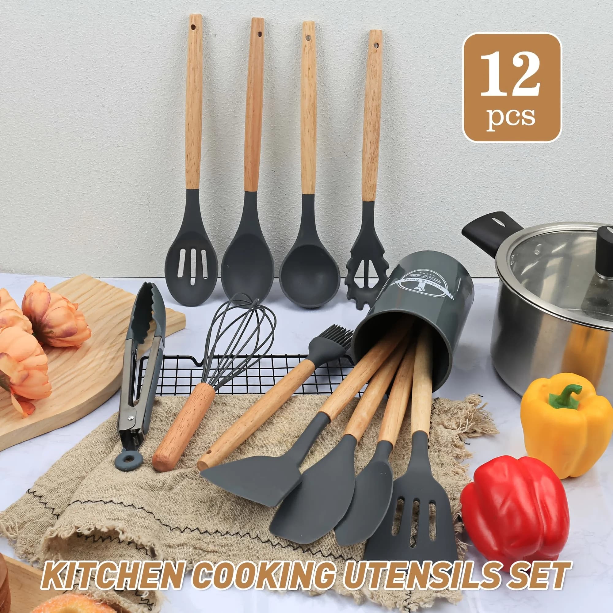 Silicone kitchen set with wooden 12 cooking tools, includes non-stick spatula, spoon, ladle, whisk and holder-perfect for baking and cooking-perfect for Christmas, Halloween, Easter, Hanukkah and thanksgiving