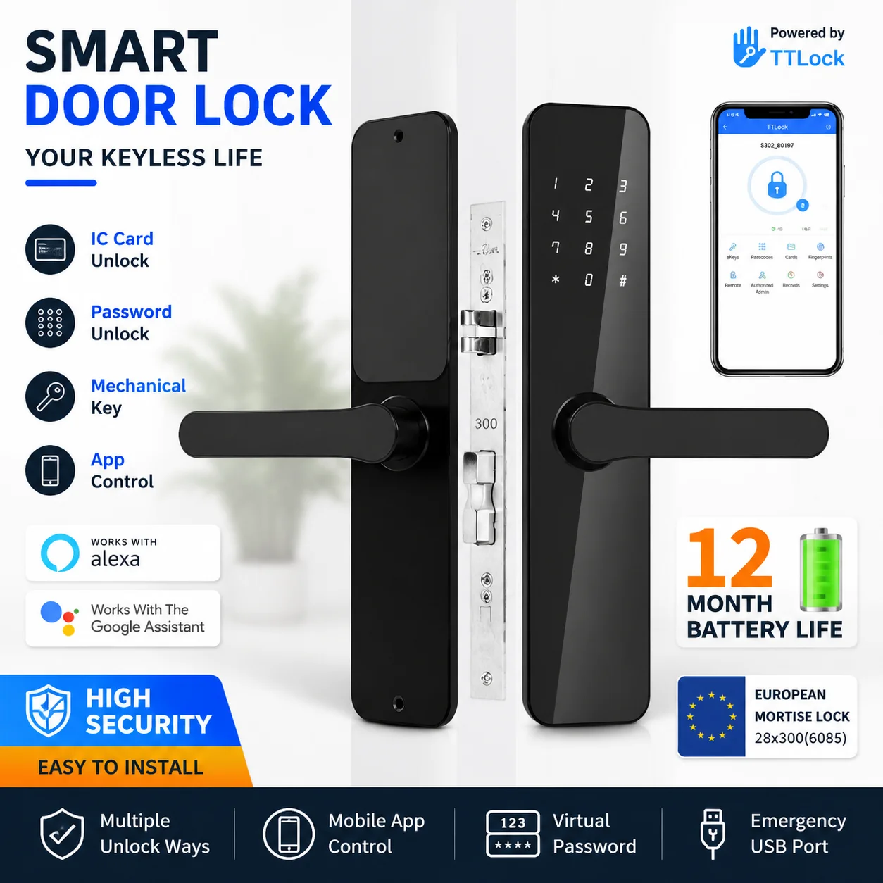 Smart Door Lock with TTlock/TThotel App, App Control, 6+ Month Standby, EU Warehouse, for Apartments, Hotels & Home Use