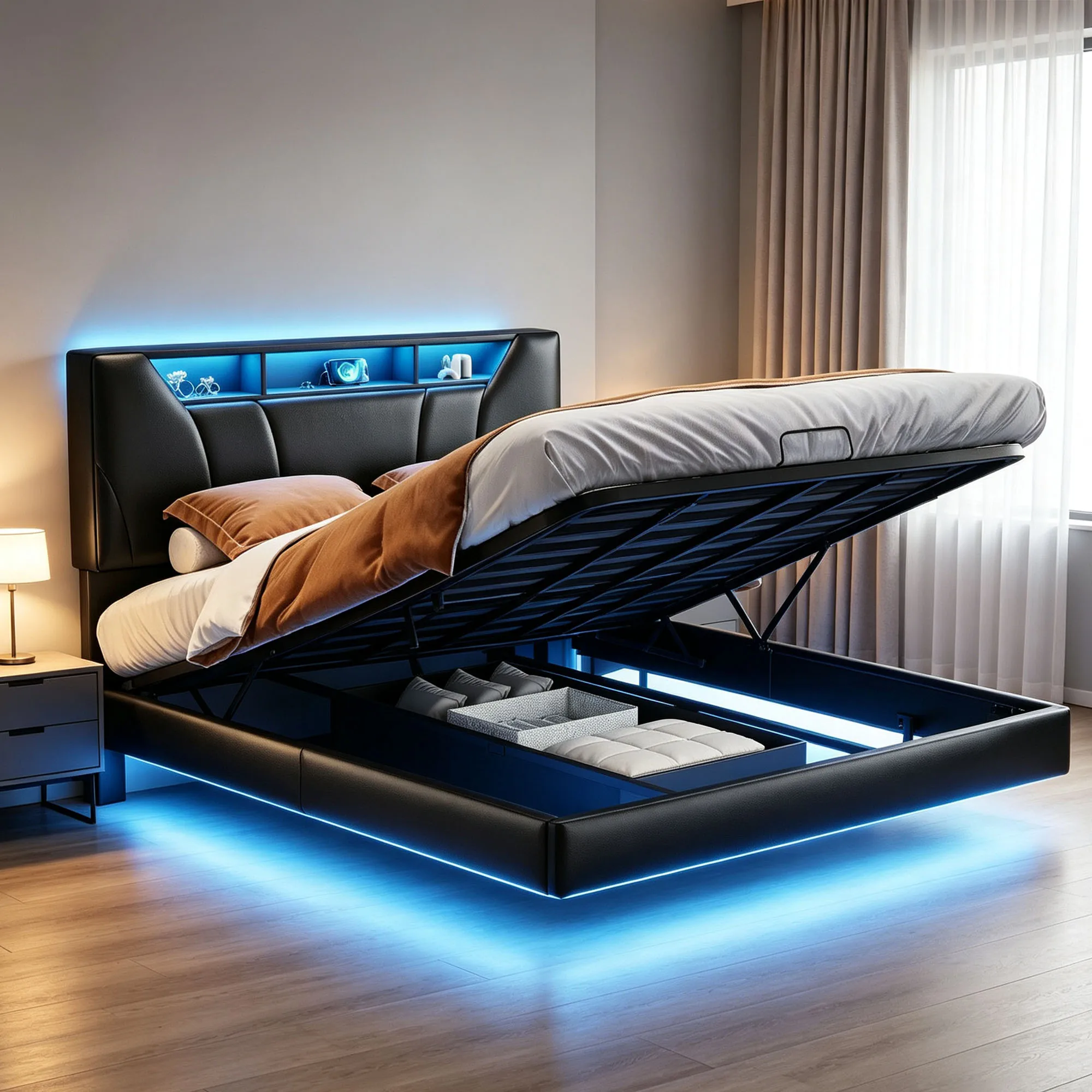 Comanlai Double Bed 140x200 / 160x200cm, Black PU Upholstered Bed, Bed Frame with Hydraulic Lift Up Systhem Storage Box, Adjustable Height Upholstered Storage Headboard, Wooden Slat Load 340kg, No Mattress Included, for Master Bedroom