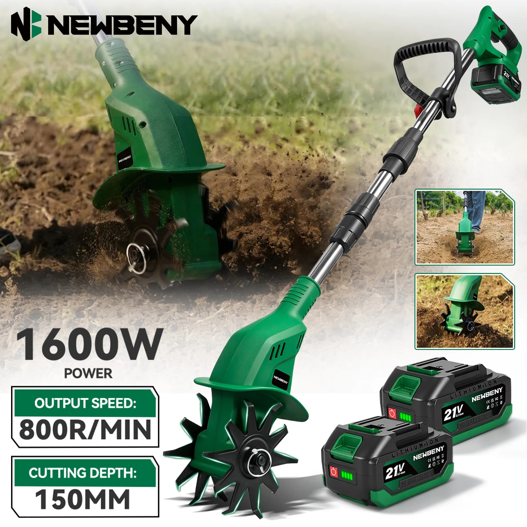 NEWBENY 1600W Electric Rotary Tiller Lawn Mower Cultivator Portable Grass Trimmer Soil Turning Lawn Mower Tool for Makita 21V Battery Pin