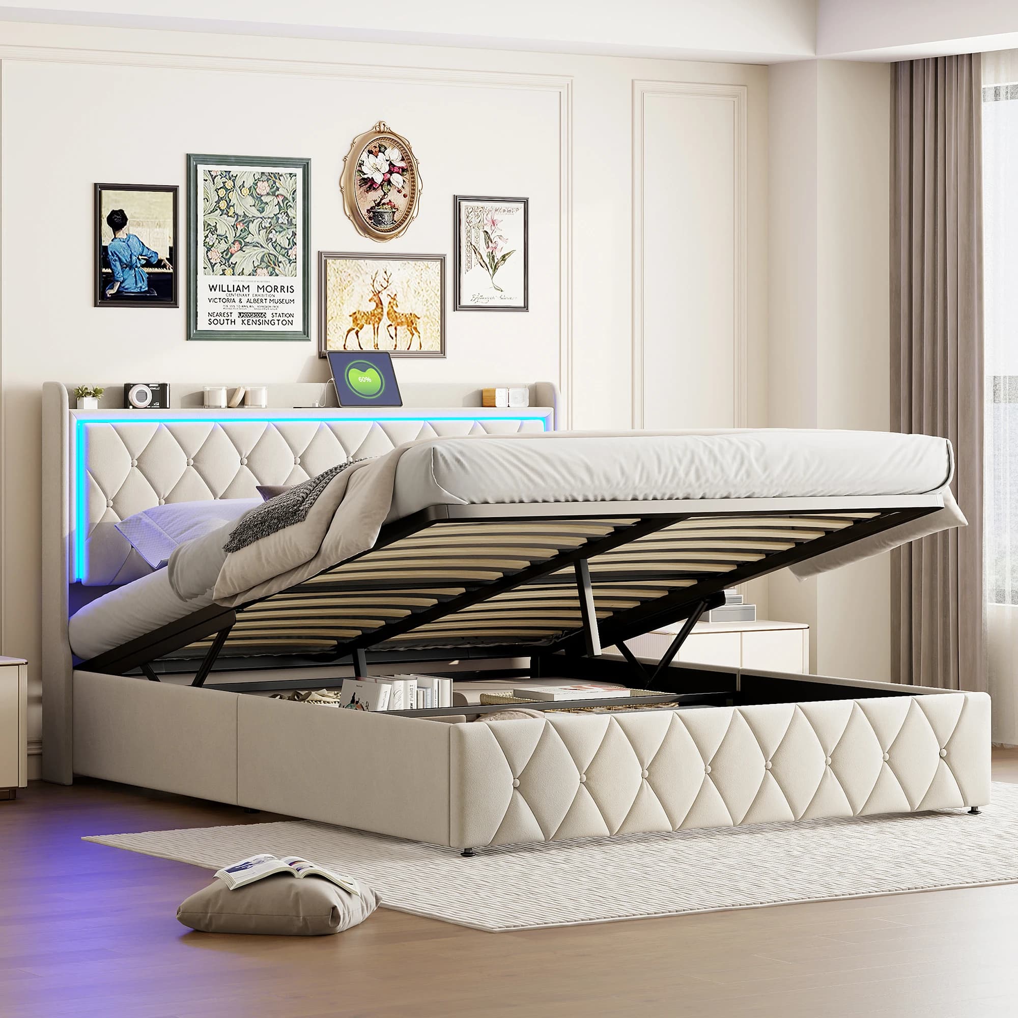 ROSAHQNDA Beige Velvet Ottoman Storage Bed, Diamond Tufted Upholstered Bed Frame With LED Headboard & USB Charging Ports, Hydraulic Lift Up Underbed Storage Platform Bed For Bedroom, Standard Sizes Available, Mattress Not Included