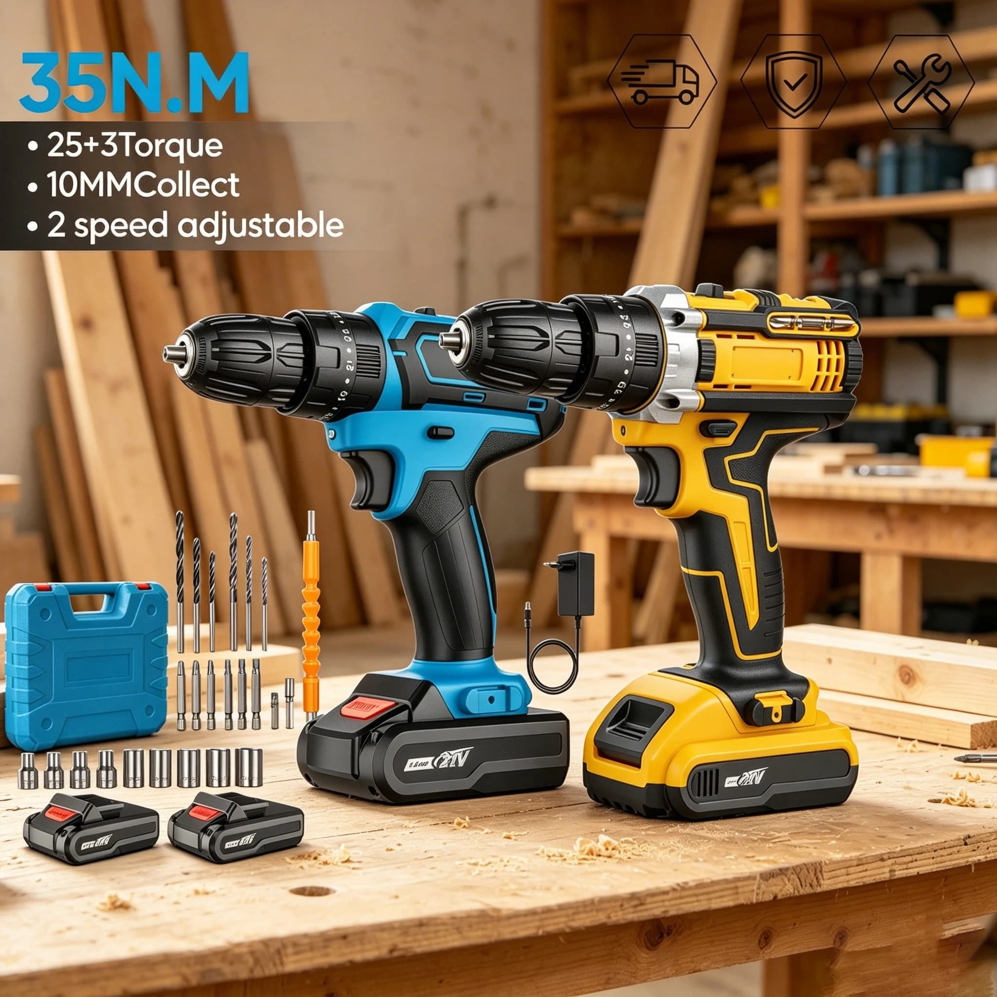 Electric impact drill/driver with 25+3 torque settings, cordless electric drill, home drill, DIY tools, compatible with 21V Makita batteries.