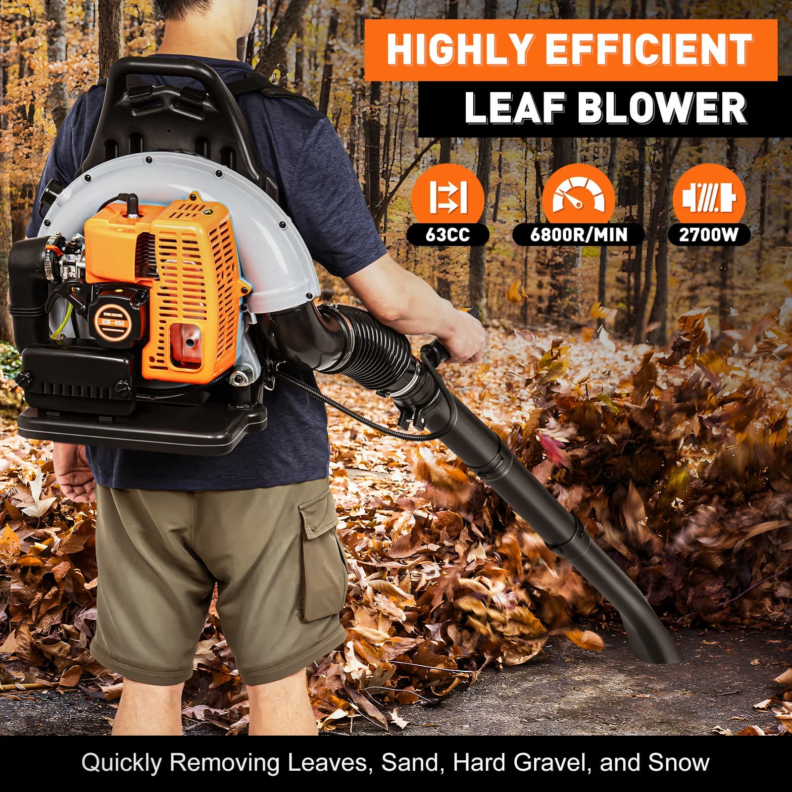 63CC 2-Stroke Gas Powered Backpack Leaf Blower,2.7KW Gasoline Engine Commercial Lawn Blower Garden Yard Snow Dust Blower 6800RPM