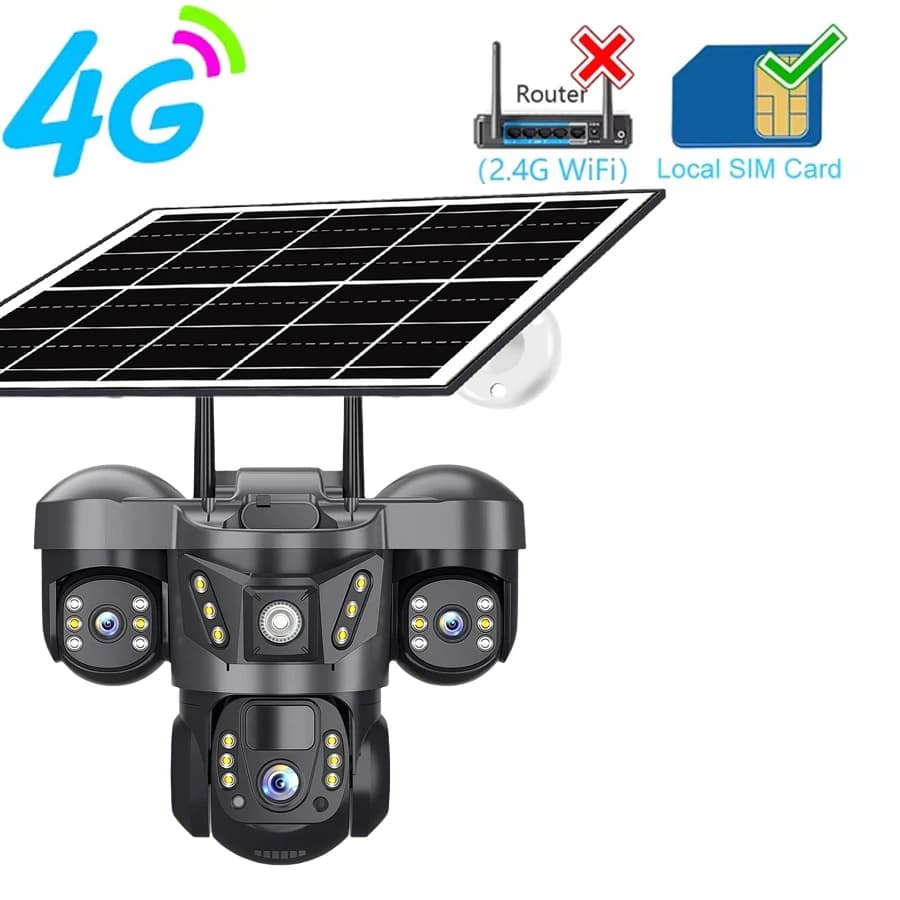 V380 Pro 15MP Solar Camera Three Lens Audio Outdoor IP66 Waterproof Built-in Battery Security CCTV HD 4G SIM Card Network Camera PIR Human Detection, Alarm Notification, Motion Detection, Email Alert, Video Playback, Remote View, Push Notification