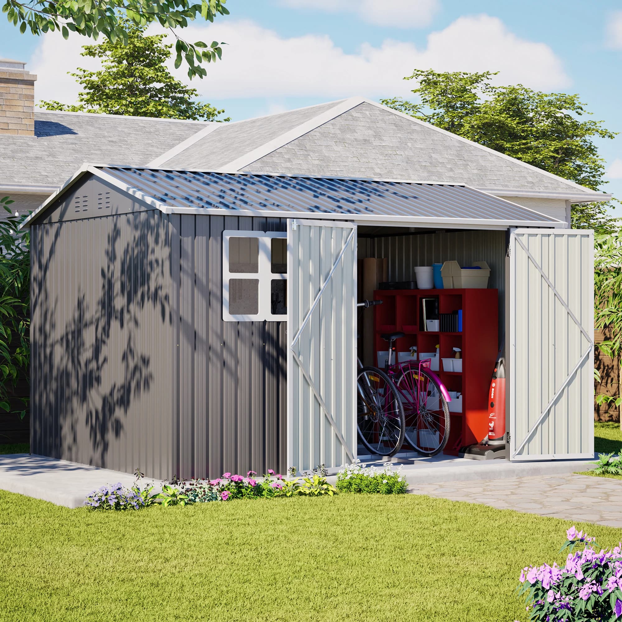 10x8FT Plastic Garden Storage Shed with Transparent Window 4 Air Vents Anti Moisture Mold Reinforced Ribs Heavy Duty Outdoor Storage House for Yard Tools Lawn Equipment