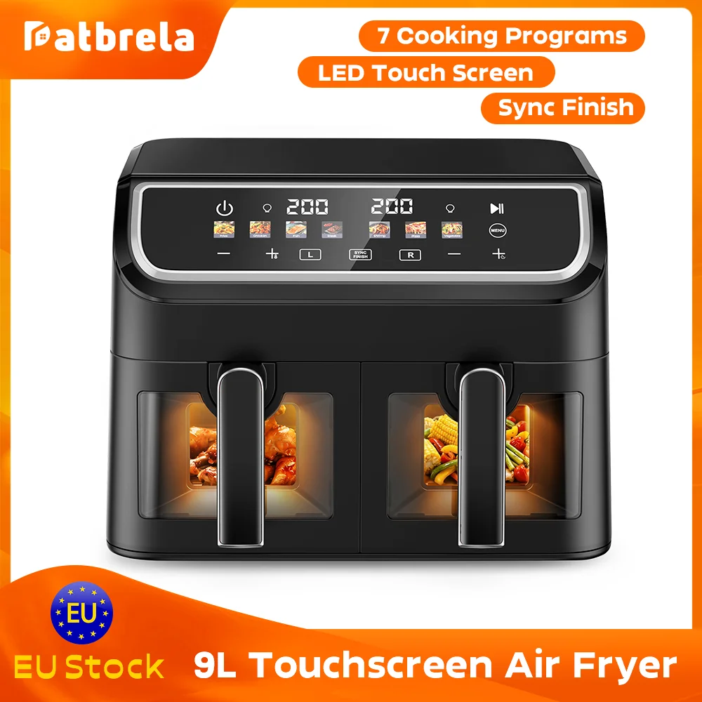 9L XXL Dual Air Fryer Oven two Basket, SYNC Match Cook, Independent Dual Controls, 7 Food Presets, Roasting, Baking, Reheating, 2000W LED Color Display