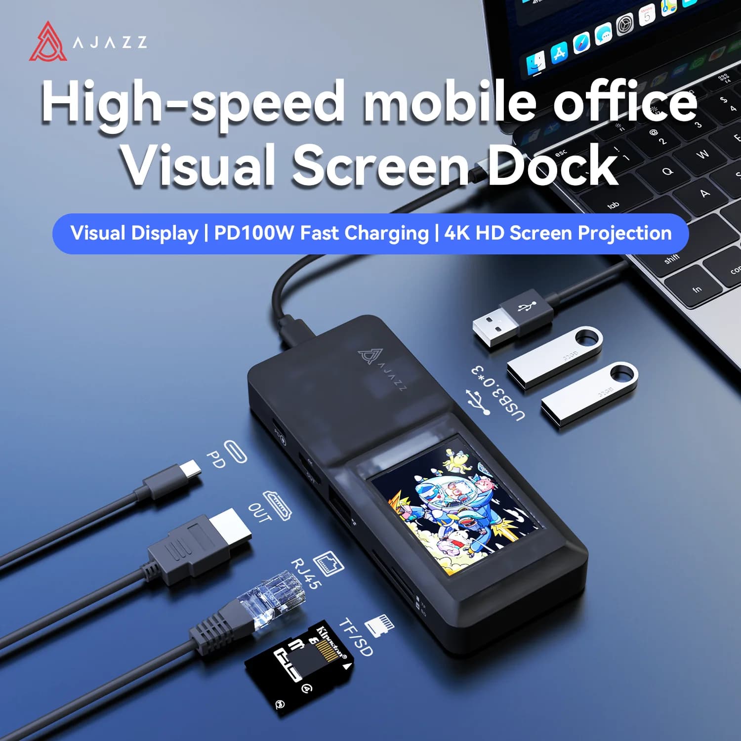 AJAZZ AKP01E Visual Docking Station, USB Hub, HDMI & DP, Ethernet, TF/SD Card Reader, Type-C