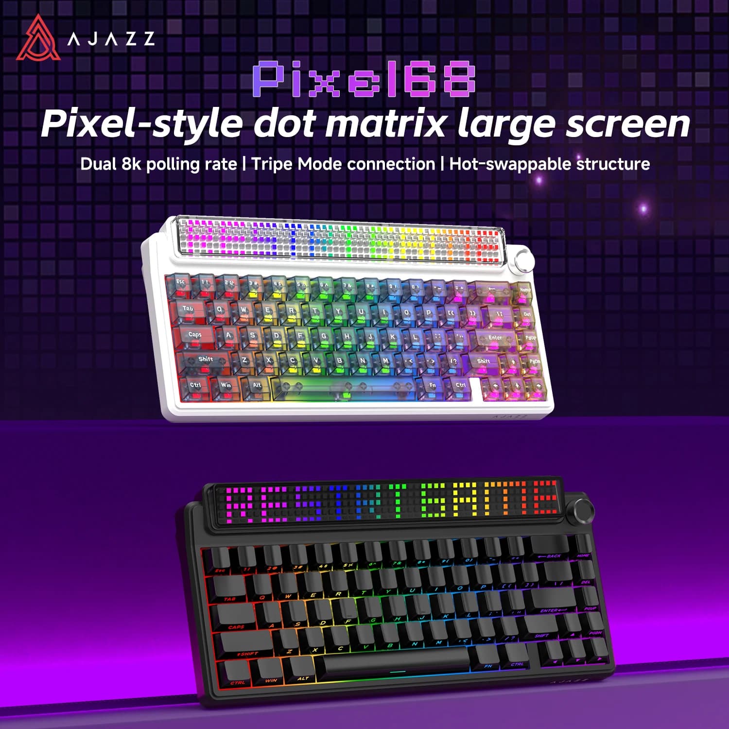 AJAZZ Pixel68, White Peach Switch, Black Side Printed Keycaps, Triple Mode, Dot Matrix Screen, RGB, Hot Swap, Dual 8K Polling Rate
