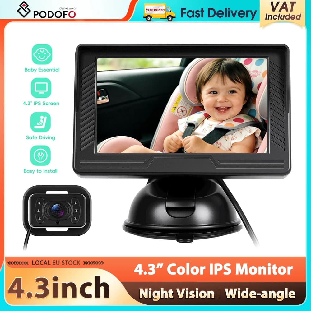 Podofo 4.3'' IPS Screen Rear-Seat Baby Monitor with Camera Night Vision Wide-Angle Lens Real-time Monitoring Baby Car Camera Car Monitor