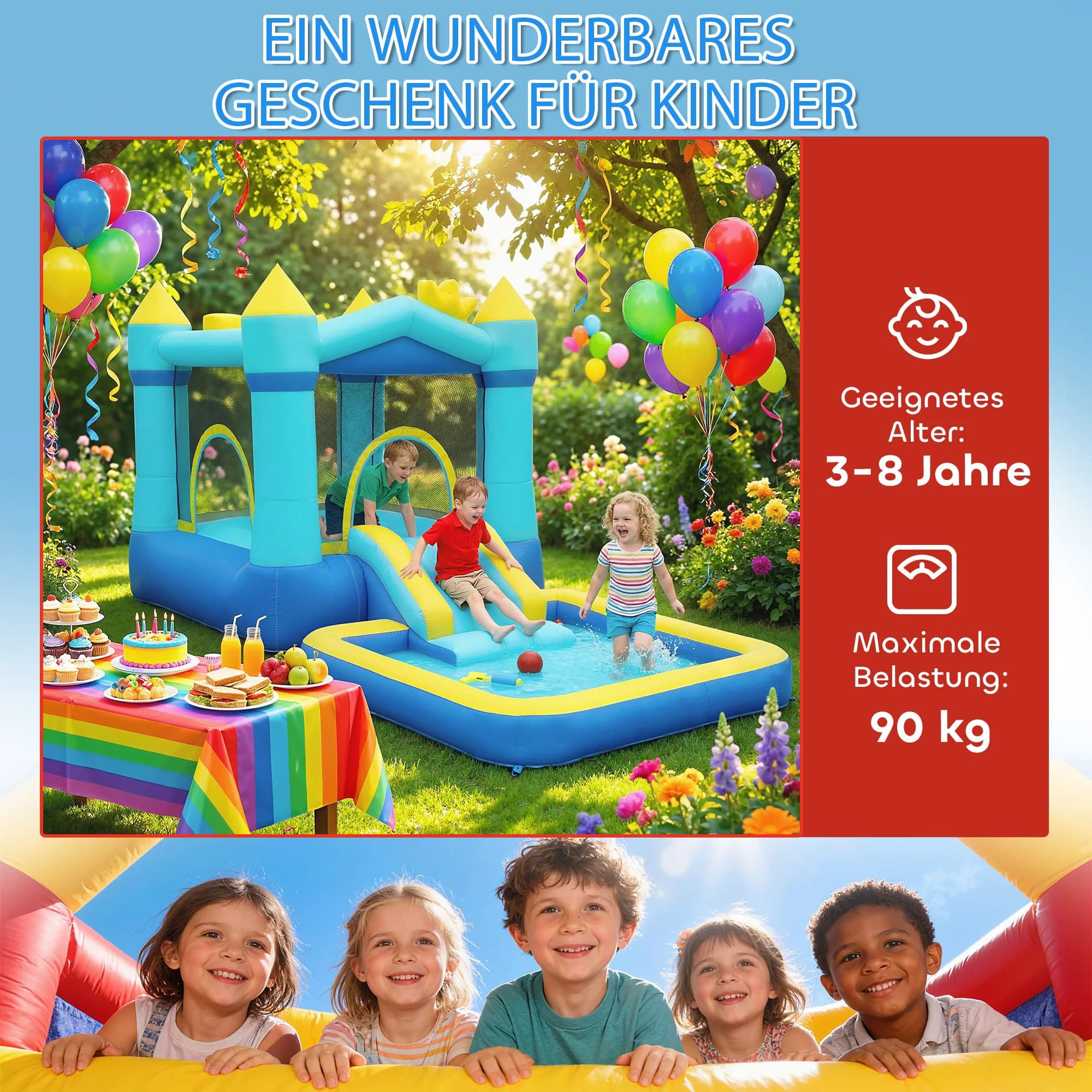 Inflatable castle inflatable play center with blower slide trampoline wading pool/water gun 364x173x182 cm blue