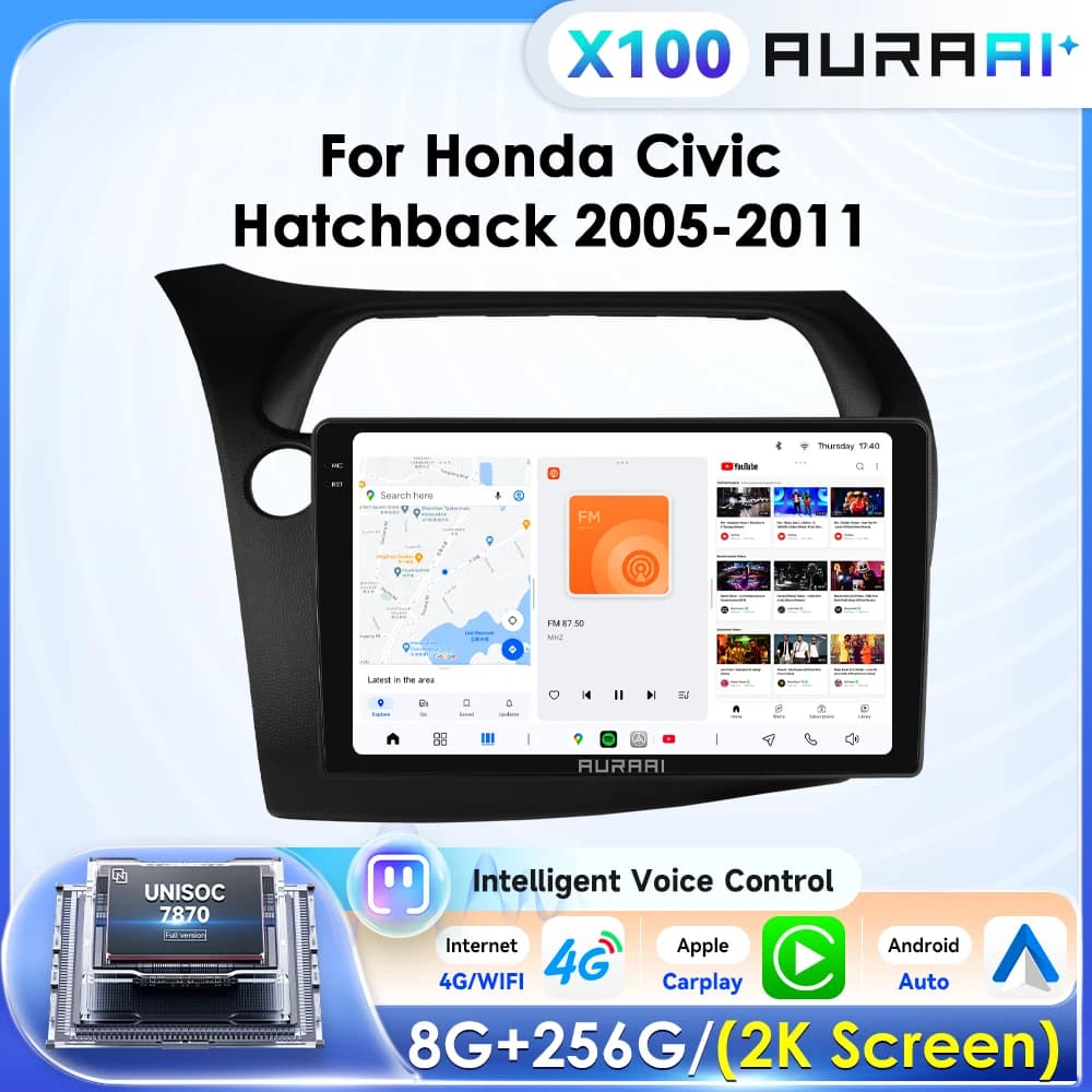 AURAAI Car Radio for Honda Civic Hatchback 2005-2011 Multimedia Player Carplay Android Auto Intelligent Systems 2din GPS Navigation