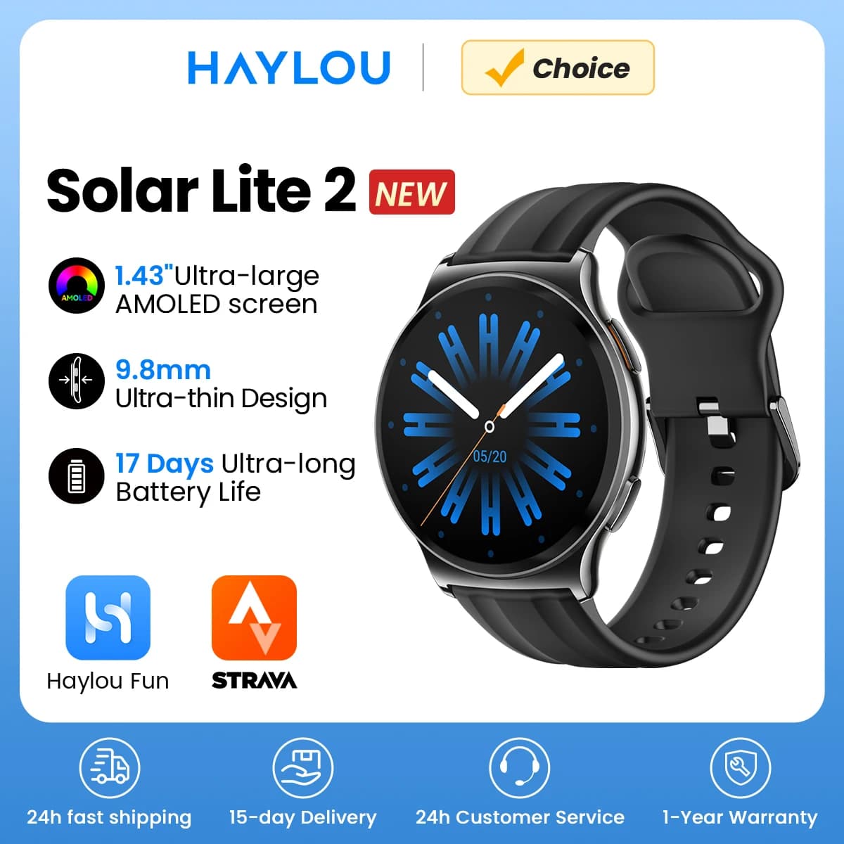 HAYLOU Solar Lite 2 Smartwatch 1.43'' AMOLED Display 24h Health Monitoring 150+ Sports Modes Voice Calling Smart Watch 1ATM