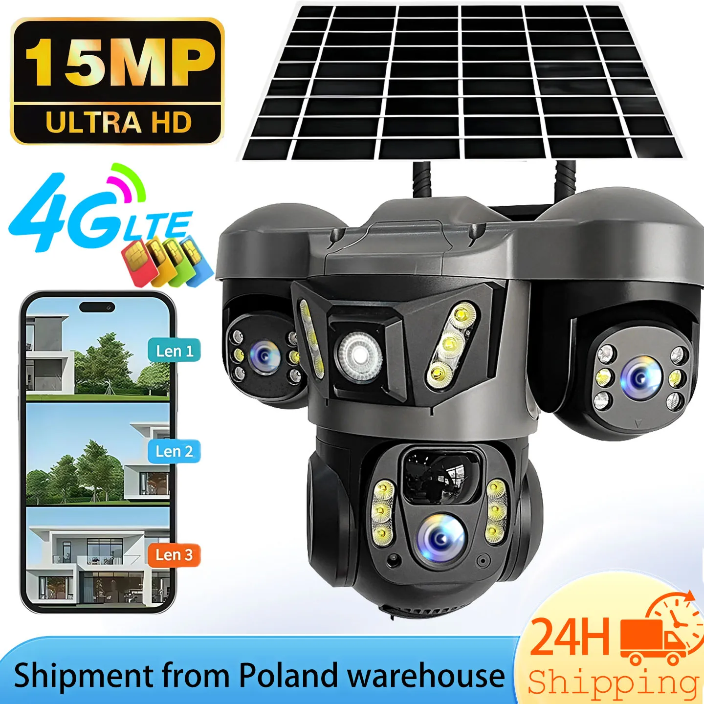 V380 4G SIM Solar Security Camera 3 Lens Low Power Consumption Outdoor IP66 Waterproof PIR Motion Detection Night Vision Home CCTV, Mobile Phone Application Connection, Motion Detection, Email Alert, Video Playback, Remote View, Supports Two-Way