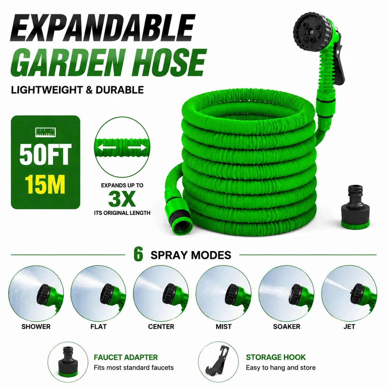 【Hot Sale】Leakproof Expandable Water Garden Hose 50 Feet, 6 Adjustable Spray Settings Sprayer Gun, Lightweight Retractable Flexible Hose for Outdoor Lawn Maintenance