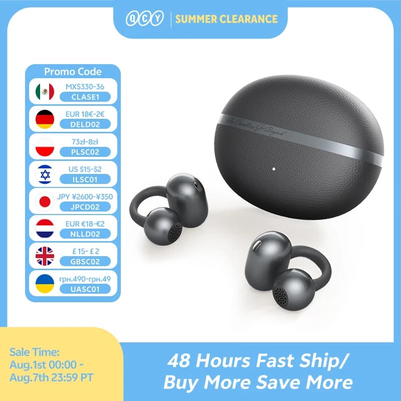 QCY Crossky C50 Clip Open Ear Wireless Earphones Lightweight Comfort 35H Playback IPX5 Bluetooth 6.0 for Sports Running and Work