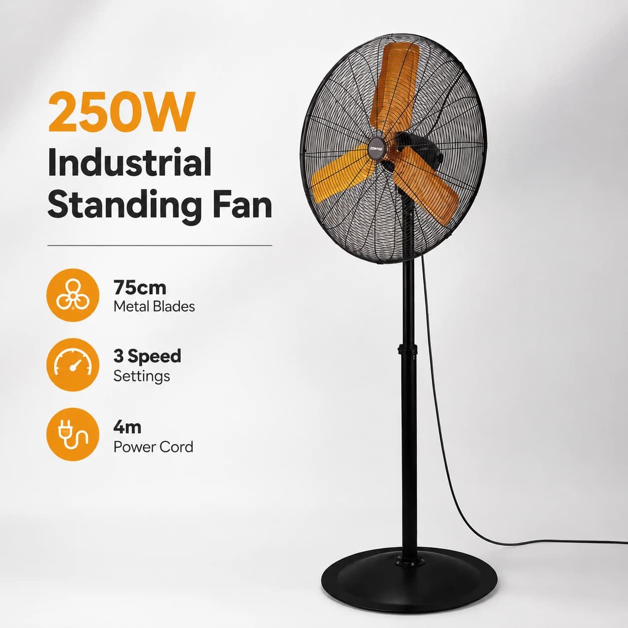 250W Industrial Pedestal Fan 75cm Metal Blades 3 Speeds Oscillating Standing Fan with 4m Cord