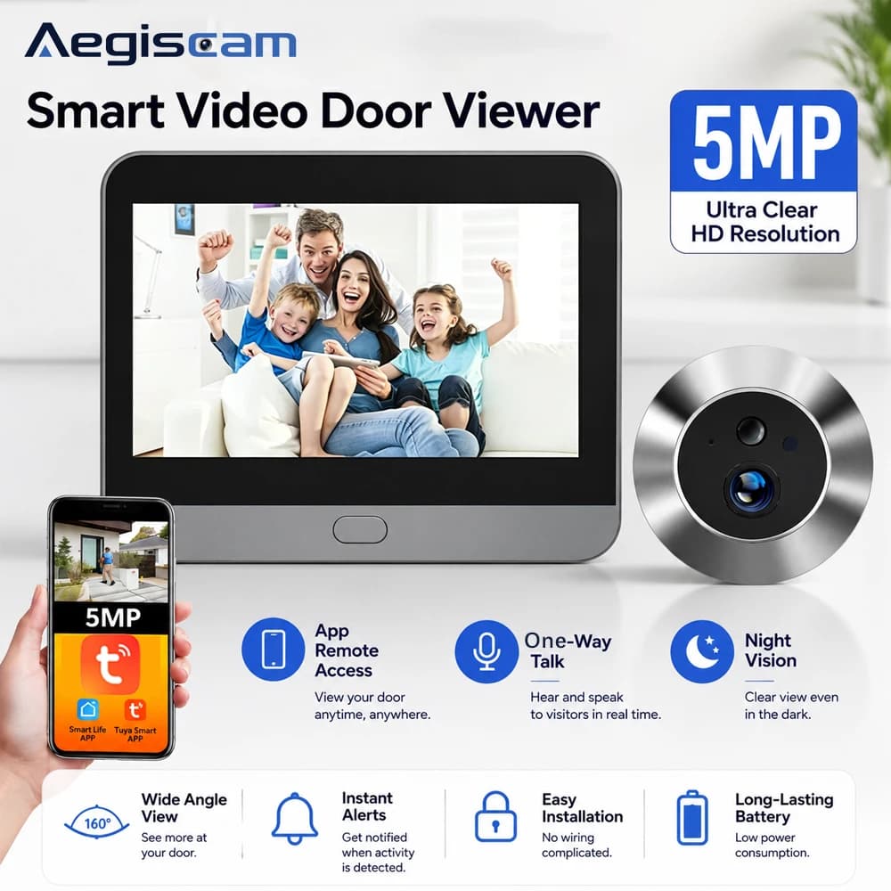 Tuya Smart 5MP 140° Wide View Angle Mini Digital Peephole Eye Viewer WiFi IR PIR Detection Doorbell Door Camera Alexa Google