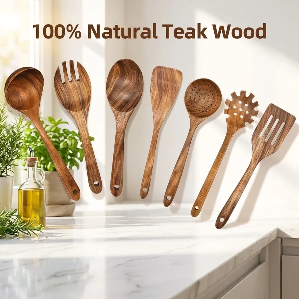7Pcs Natural Teak Wood Kitchen Utensil Set Non-Stick Cooking Tools Wooden Spatula Soup Ladle Skimmer Spoon Salad Fork Cooking Utensils Set