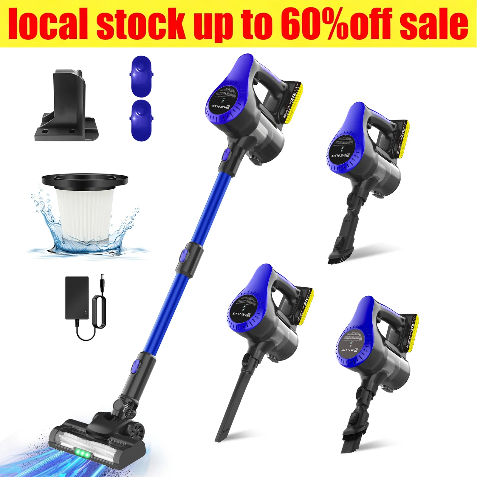 15,000 Pa cordless stick vacuum cleaner with a rechargeable battery and a washable HEPA filter—suitable for cleaning in the home, garden, and car
