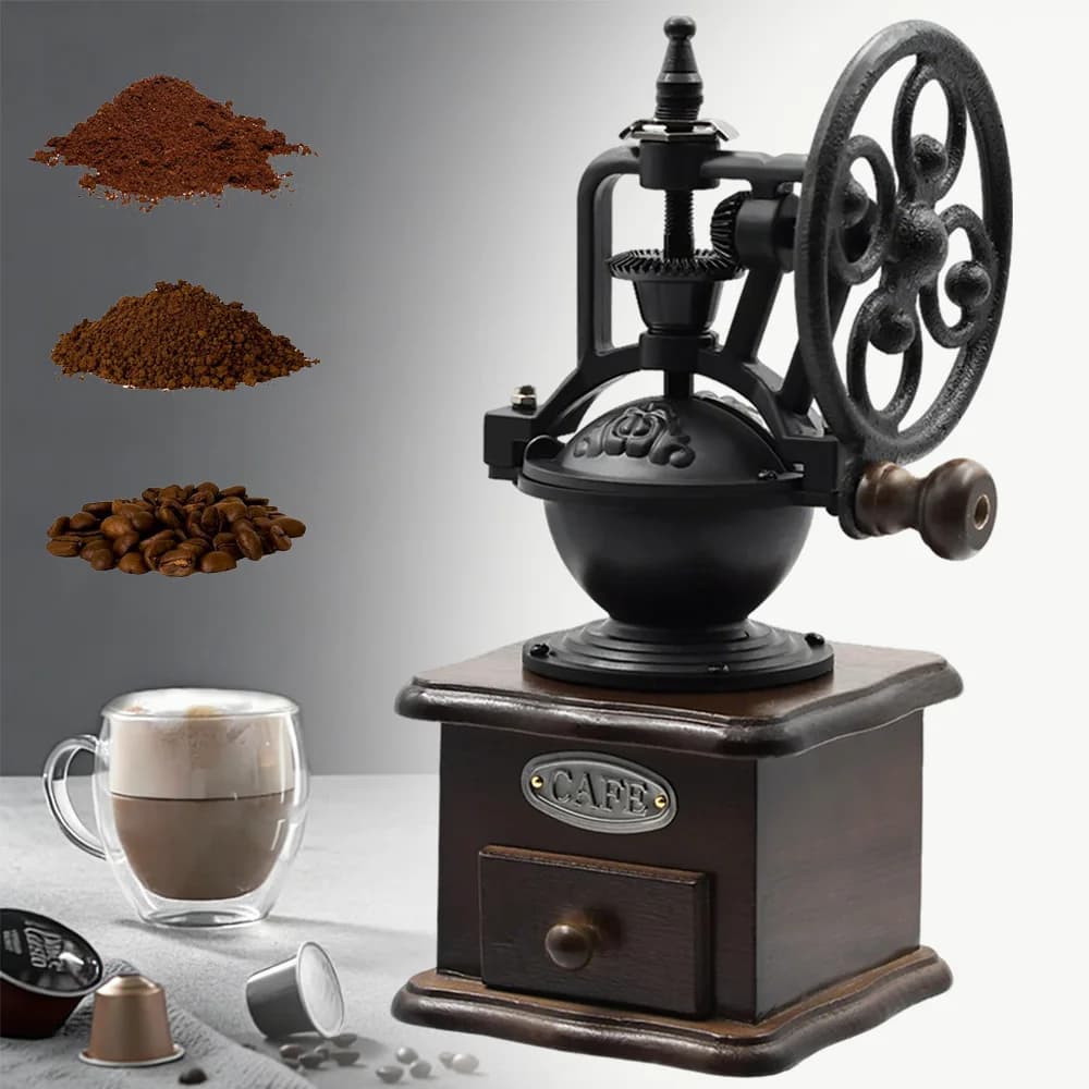Wooden Hand Coffee Mill with Ceramic Burr, Vintage Manual Grinder, Compact Portable for Kitchen & Camping, Adjustable Coarseness for Bean To Powder