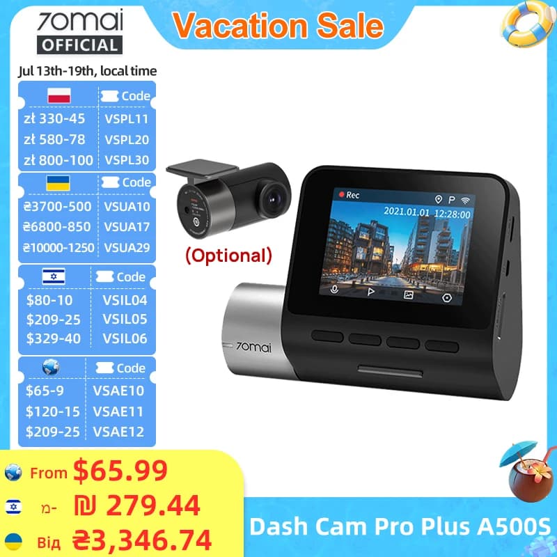 70mai Dash Cam Pro Plus A500S 1944P ADAS GPS Camera 70mai Front Cam A500S 140FOV Car DVR 24H Parking Support Rear Interior Cam