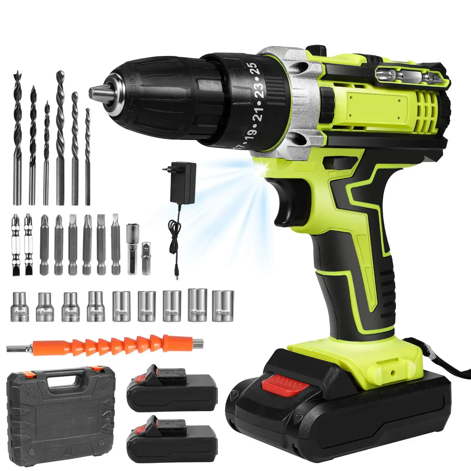 21V Brushless Cordless Impact Drill Hammer Drill Driver 1350RPM Electric Screwdriver with 2 Batteries Fast Charger Rechargeable Power Drill for Wood Metal Concrete Drilling Home DIY Repair Installation Multifunction Power Tool Kit