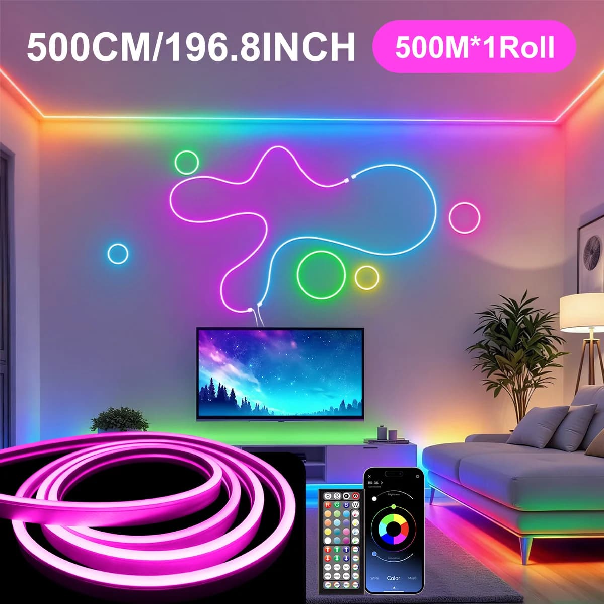 30M/20M/10M LED Neon Strip Lights Indoor with APP/Remote, IP67 Waterproof DIY Shape Music Sync Timer Function Flexible 24V RGB Rope Lamp for Bedroom Party Bar Decor