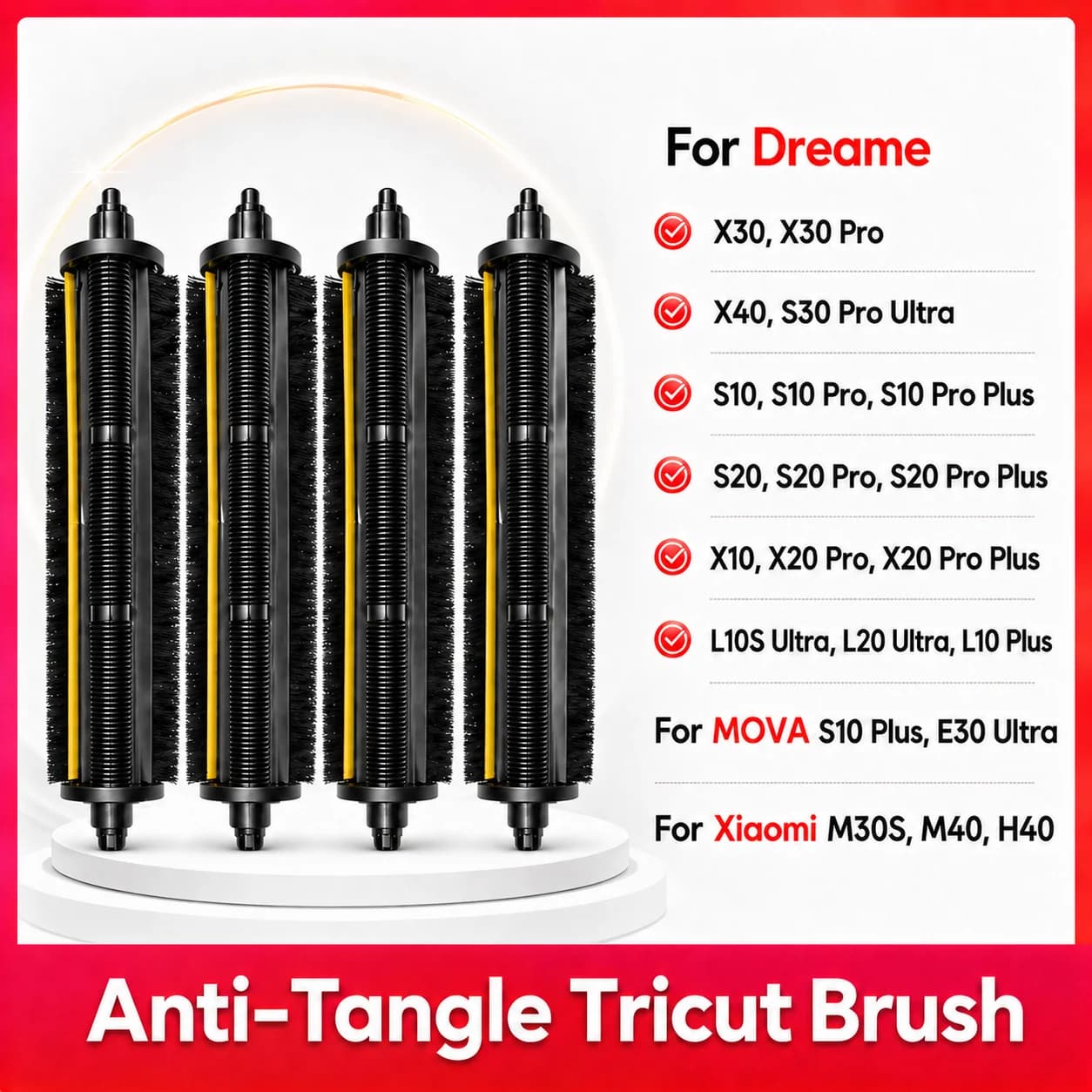 TriCut Brush Fit For Dreame X40 Ultra, X30 Pro, X20 Pro, S10, S20 Pro Plus, L10S Pro Ultra, Mova E30 Ultra, Xiaomi M30S, M40,H40