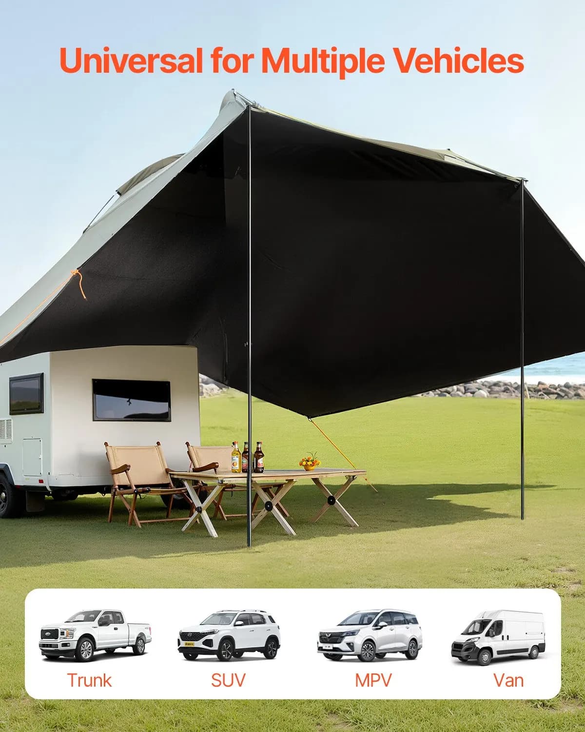3 x 2.1 m RV Sun Shade Sail UV50 Plus Waterproof 190T Polyester Car Awning PU2000mm Water Resistant Portable Canopy With Storage Bag For Camping Outdoor Outings