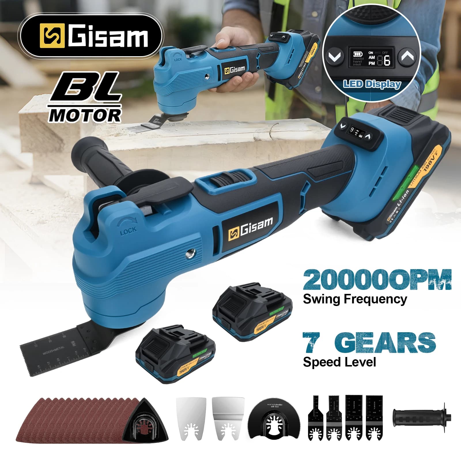 Gisam 7Gear Brushless Oscillating Multi Function Tool 20000OPM Electric Saw Polisher Woodworking Tool For Makita 18V Battery Pin