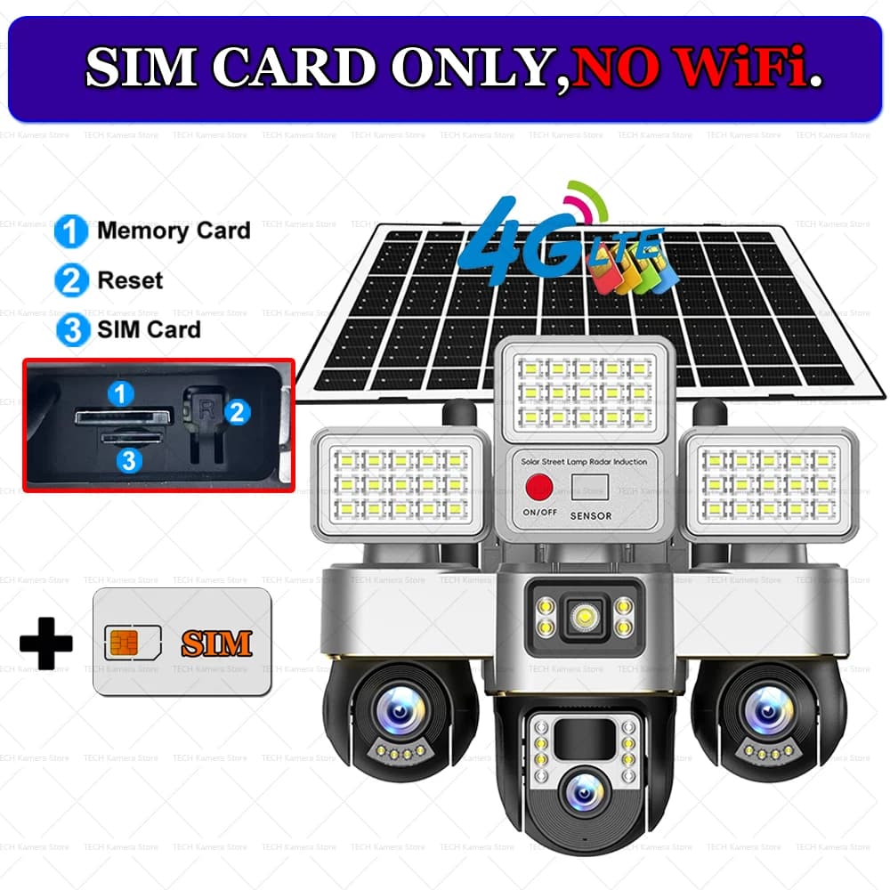 4G Solar Cameras 2 IN 1 15W Solar Panel 16000mAh Battery Timed Street Light LED Streetlight IP Monitoring Surveillance Monitor Outdoor Smart Home 3 Lenses Security Protection Solar 4G CCTV Camera