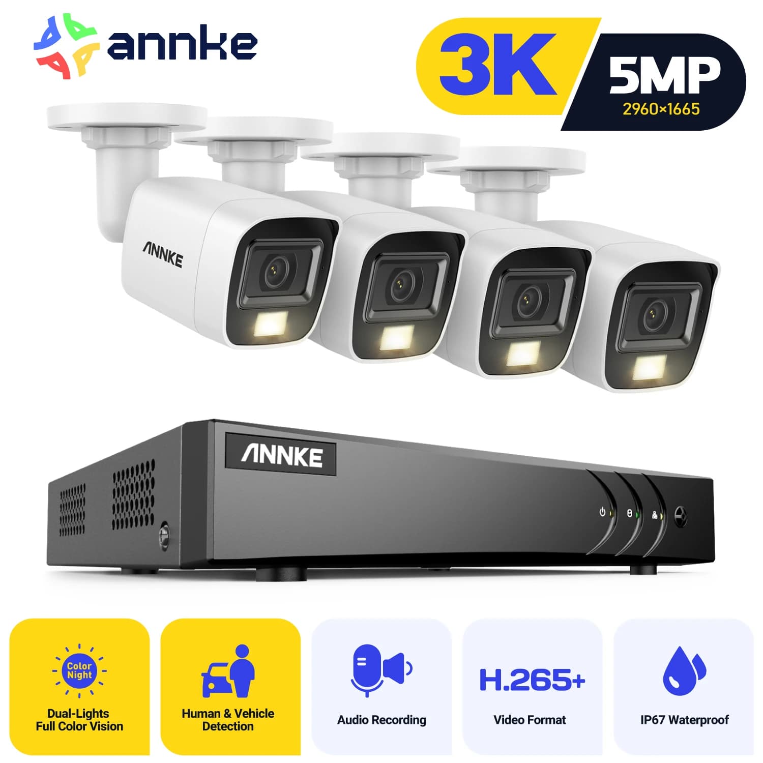 ANNKE 8CH 3K Lite Wired Security Camera System with AI Human/Vehicle Detection, H.265+ 5-in-1 Hybrid DVR, 4×3K Dual-Light Bullet Cameras with Built-in Mic, IP67 Weatherproof, Smart Color Night Vision & Remote Access